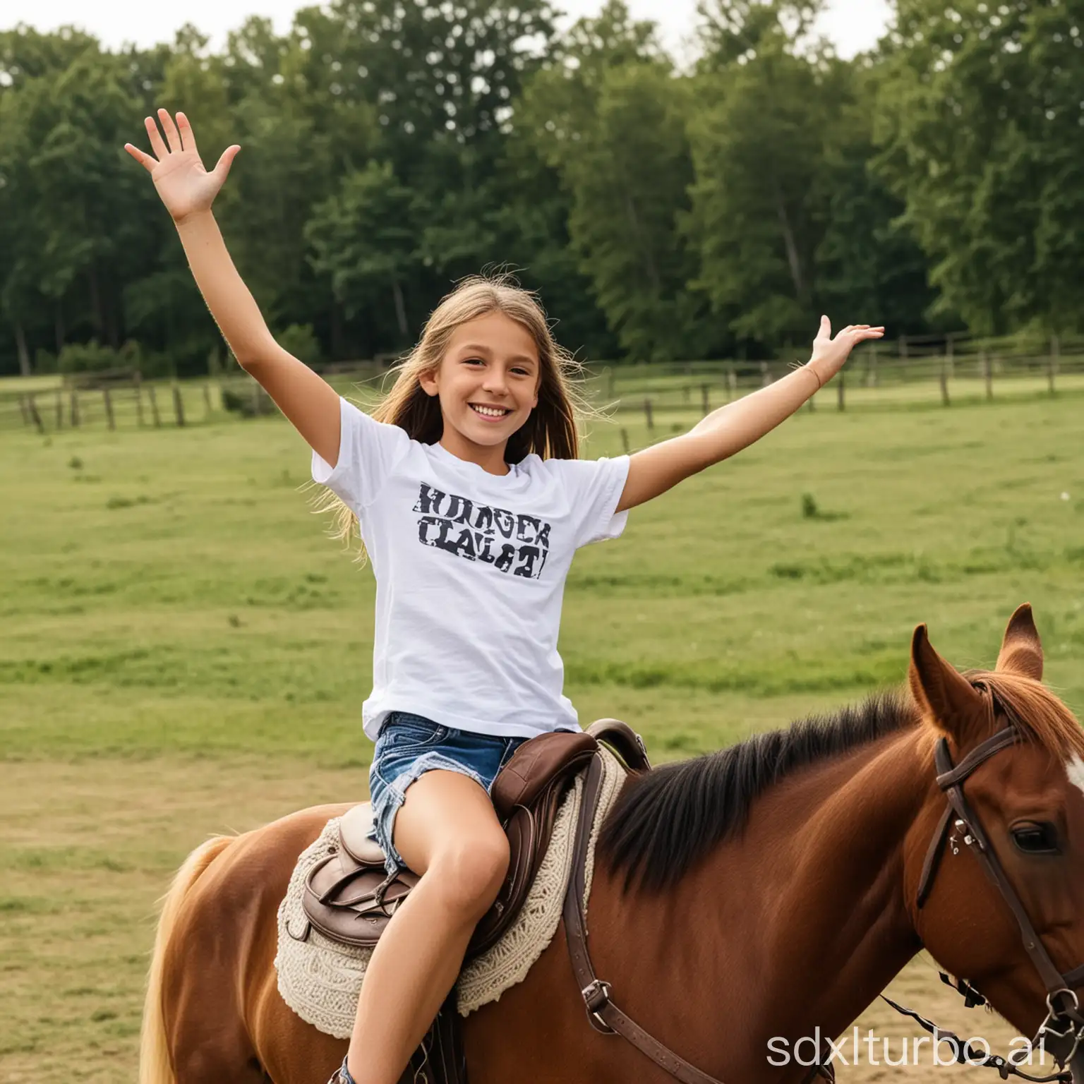 10 year old girl with t-shirt and short shorts riding a horse bareback, holding hands upright in the air
