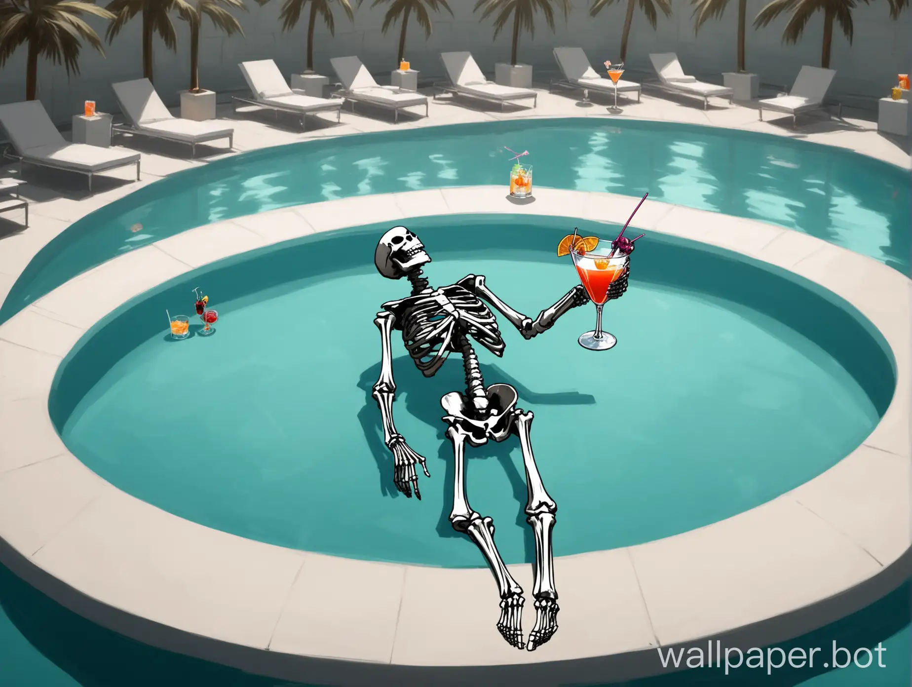 skeleton with earphones in a millionare pool enjoying an expensive cocktail