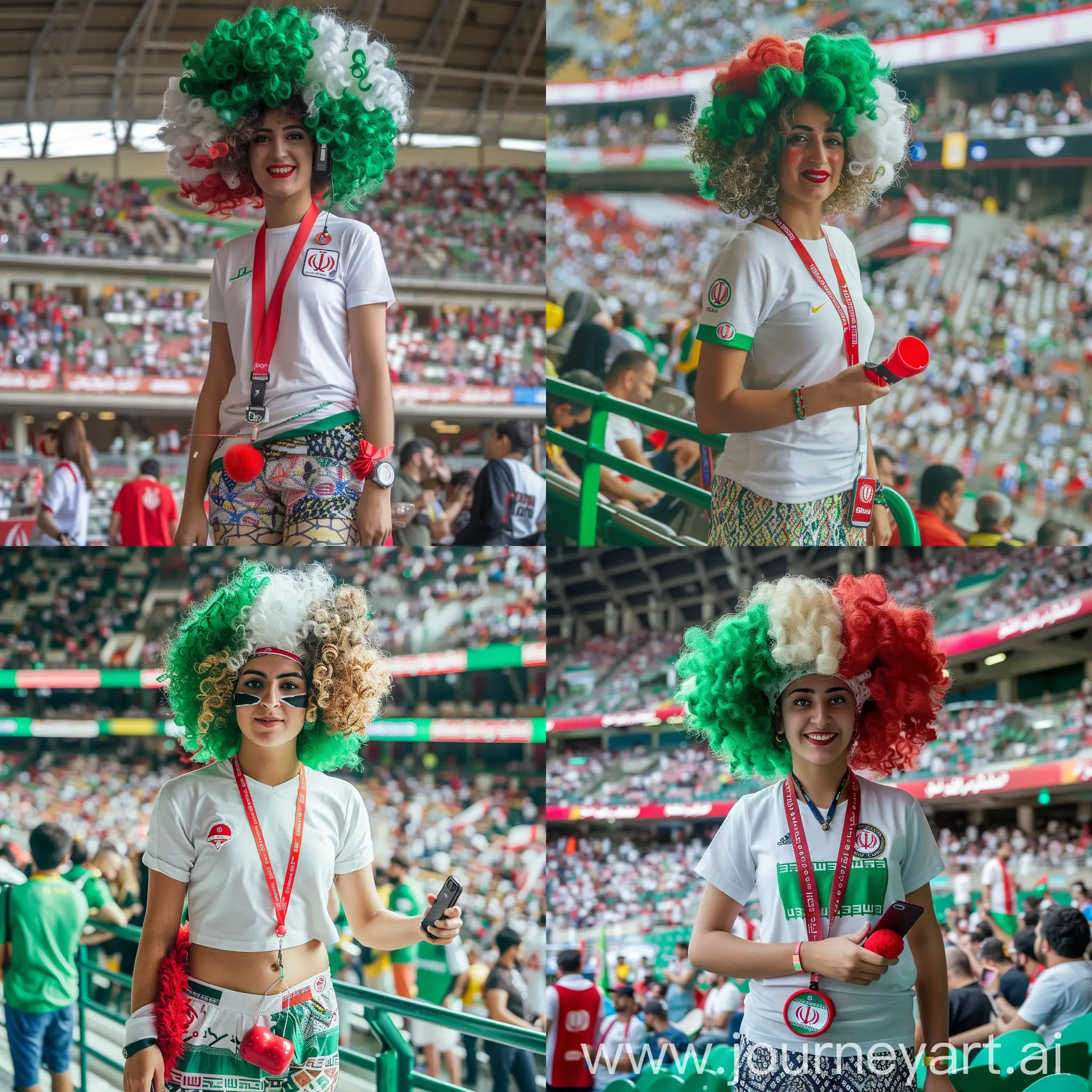 A female football fan wearing a curly wig in three colors: green, white, and red, standing in the stands of a football stadium. The fan is dressed in a white T-shirt and patterned shorts. Around her neck is a red phone lanyard with a phone attached. She is holding a red noise maker in her right hand, and she has a small flag sticker iran on her left arm. The stands are filled with excited spectators, creating a vibrant and lively atmosphere. -- ar 8:14