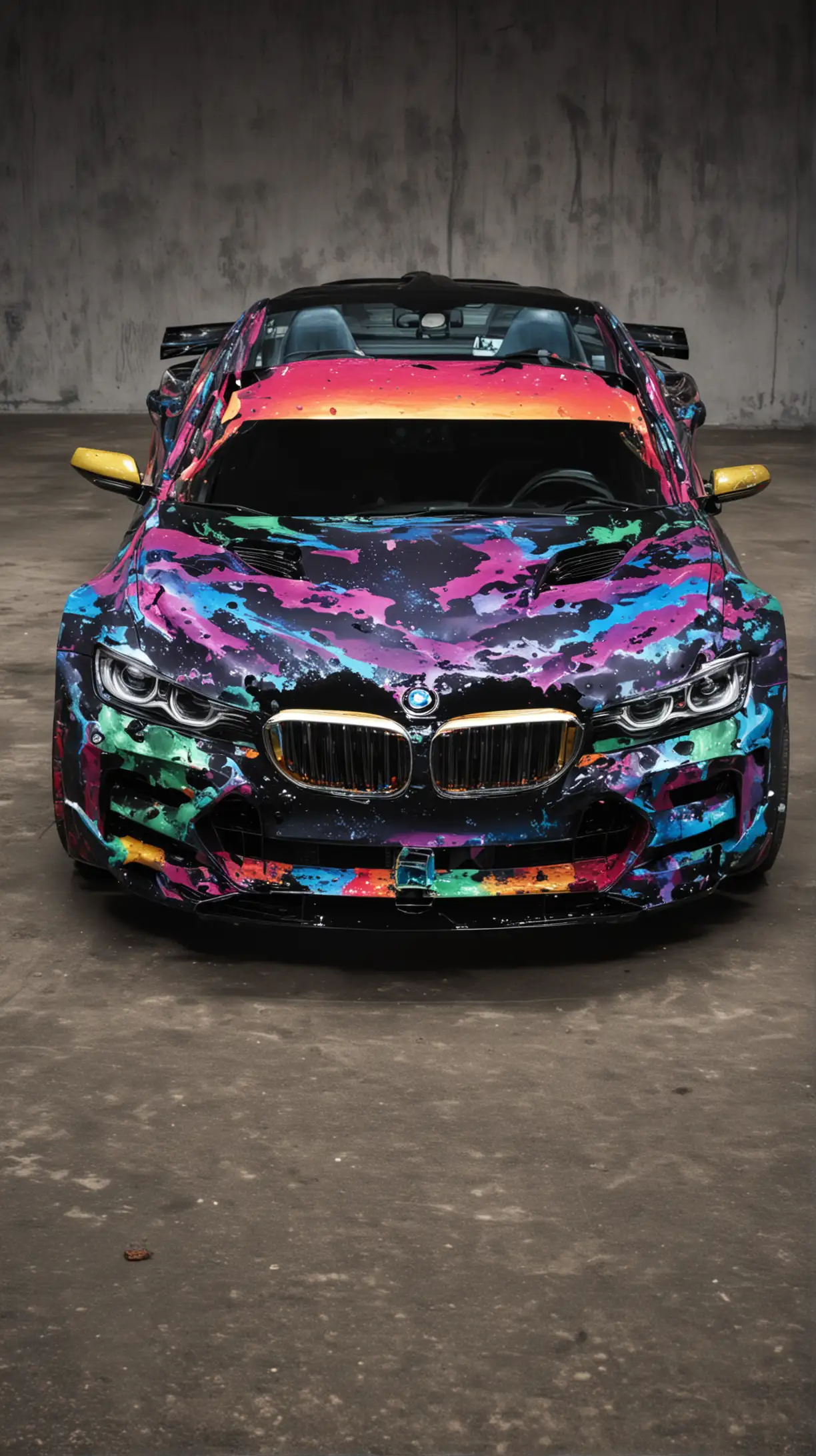 Автомобиль марки БМВ с включенными фарами В разноцветных красках