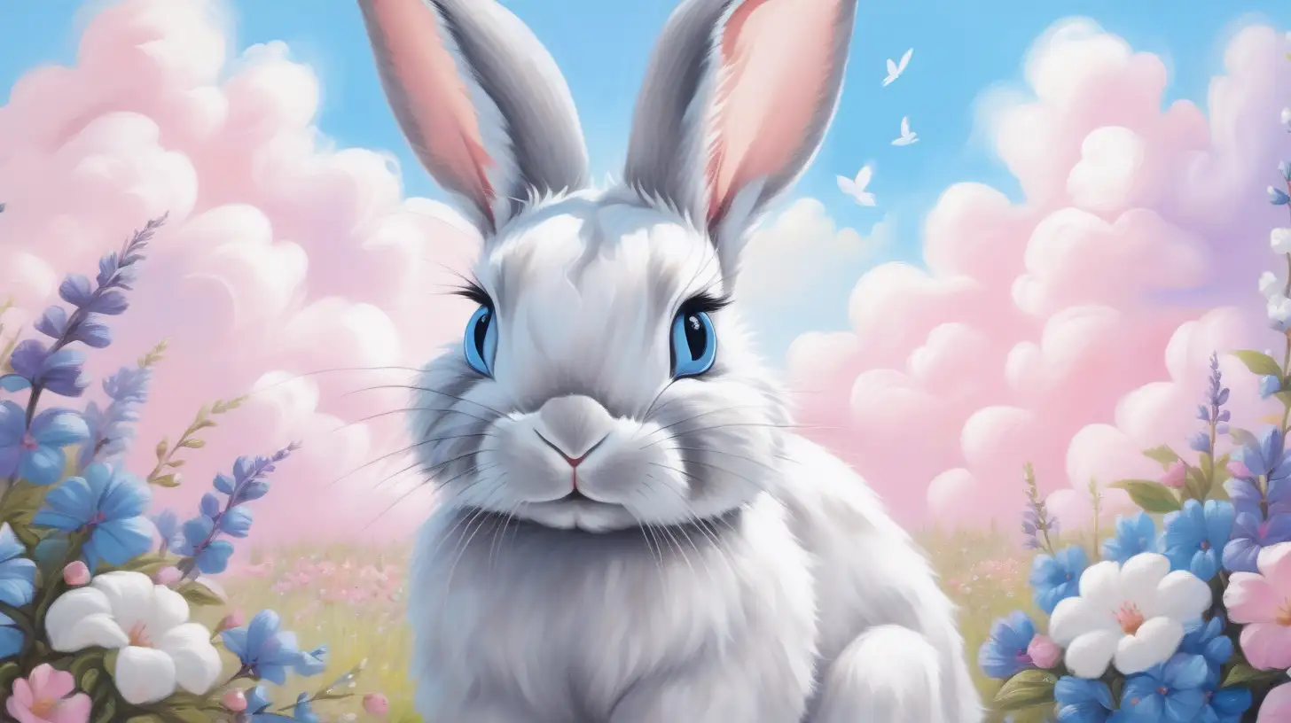 oil painting of a cute rabbit with blue eyes. Surrounded by pastel pink and purple flowers and white cotton candy clouds and lollipop clouds #F8C8DC