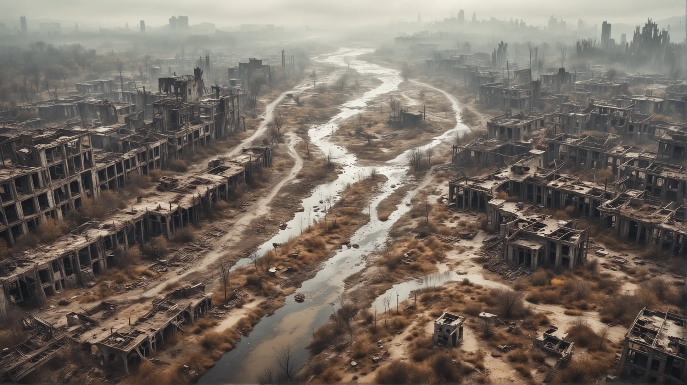 postapocalyptic landscape, ruins of a city, young forest, dry river bed, cloudy, fog, bird's eye view