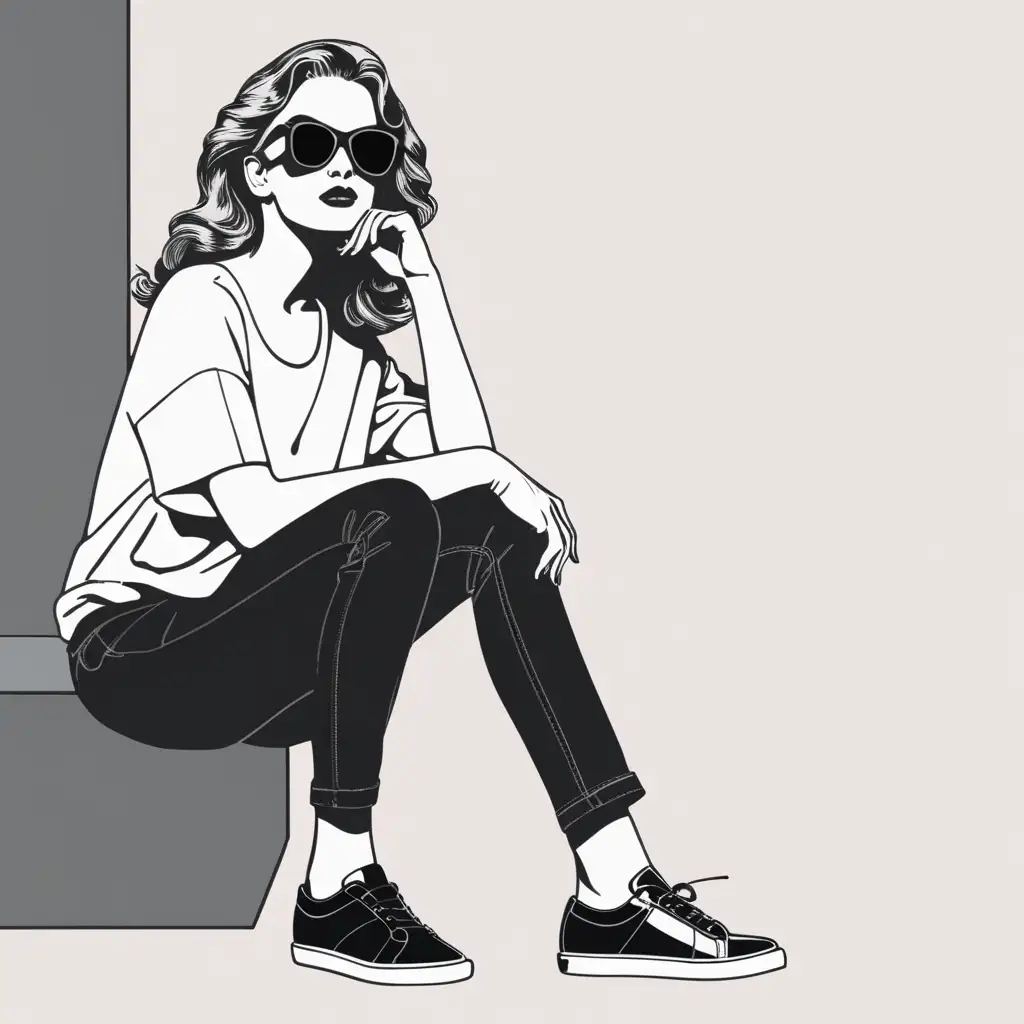 איור וקטורי של אישה יושבת עם בפנים 
  קדימה ונעליים שחורות  משקפי שמש