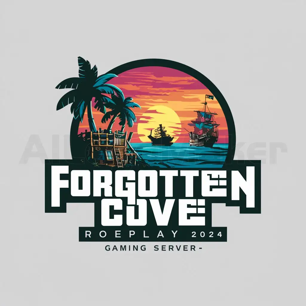 a logo design,with the text "Forgotten Cove RolePlay 2024", main symbol:colourful pirate cove for a grand theft auto roleplay server,Moderate,be used in gaming industry,clear background
