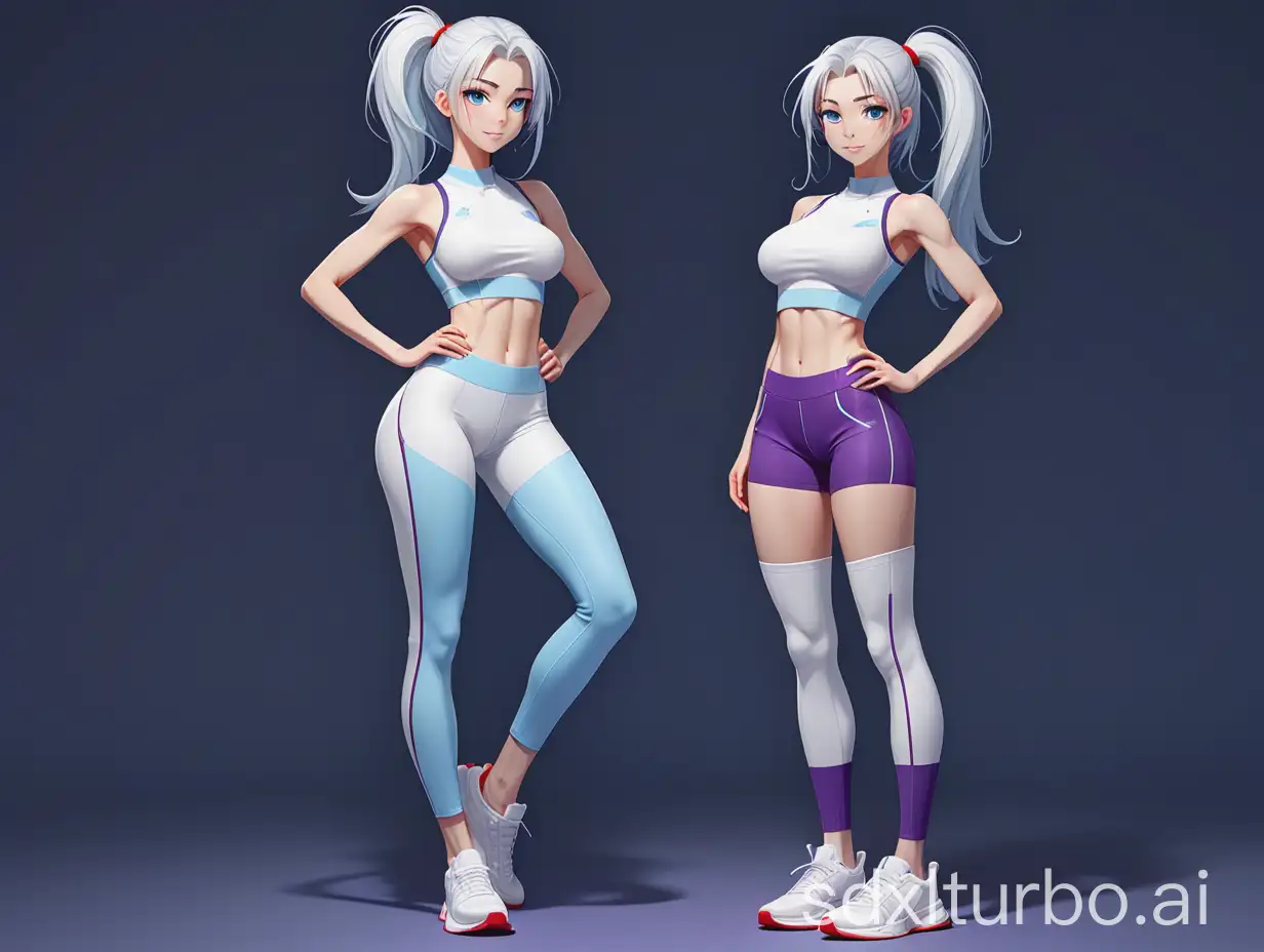 anime girl. slender athletic body. 2 size breasts. standing with one leg slightly raised, looking over her shoulder. full height. happy face. long white hair. hair parted in the middle with a cowlick. ponytail tied with a red rubber band. light blue eyes. thin eyebrows. tight fitting white top with yellow trim. form-fitting blue sports pants. fabric inserts in light blue just above the knee and purple inserts just below the knee on the pants. white sneakers. white ankle socks.