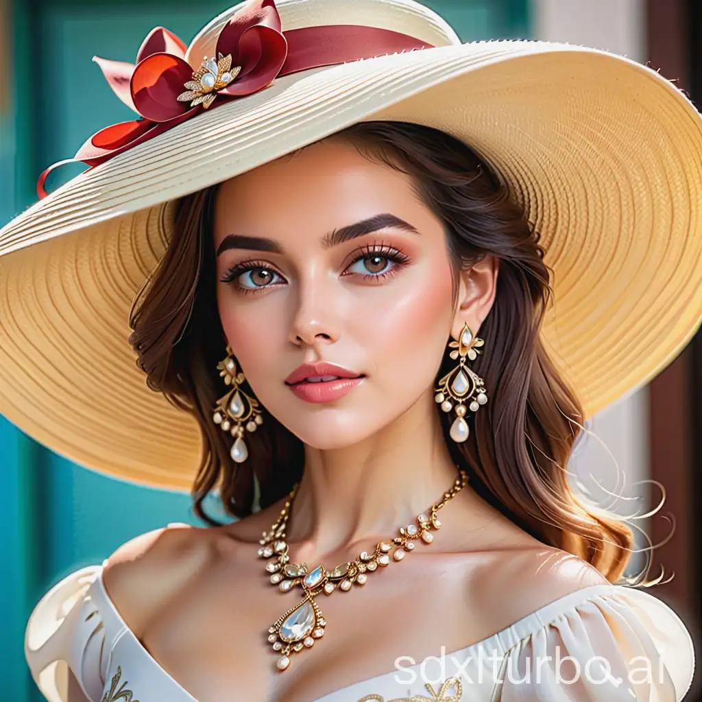 The image features a beautiful woman wearing a large, fancy hat with a wide brim. She is also wearing a pair of earrings and a necklace, which adds to her elegant appearance. The woman is posing for the picture, and her attire and accessories make her look like a princess.