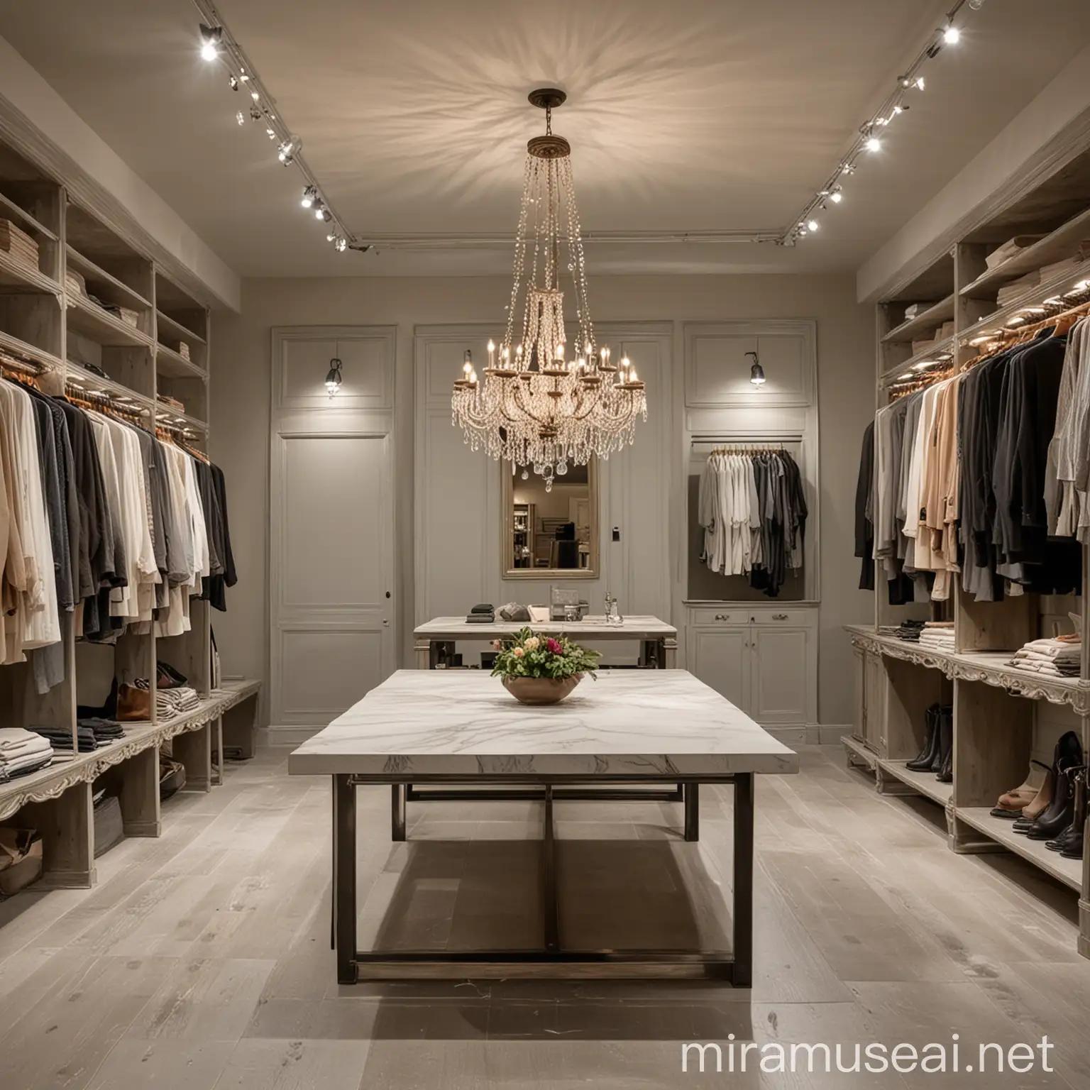 Create a new look for a boutique of elegant clothing, using warm tones and a MODERN, linear, yet unique style. The first part of the space, up to the table, has a drop ceiling, while beyond the table there is a vaulted ceiling with exposed stone. Redesign all the lighting, choosing an inviting illumination that give value to the clothes. Place a new table in the center, with a LARGE antique chandelier hanging above it. On the two long sides, arrange the hanging rods for clothes, and position the payment counter to the left as you enter. The floor is light gray laminate. At the back, there is a niche, make this niche the heart of the new design, turning it into a visually striking focal point.