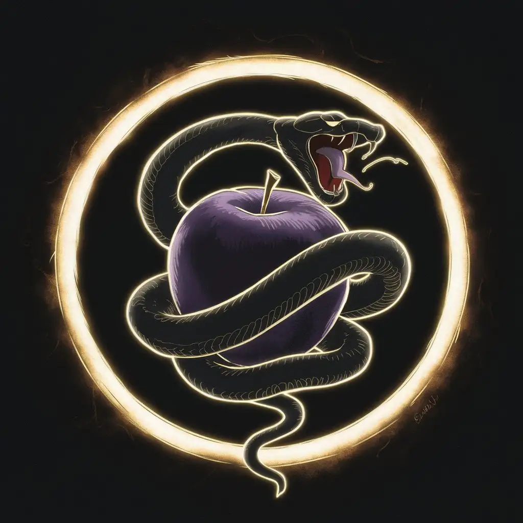 чёрный фон шипящая злая змея обвивающая яблоко в фиолетовом змеином кругу