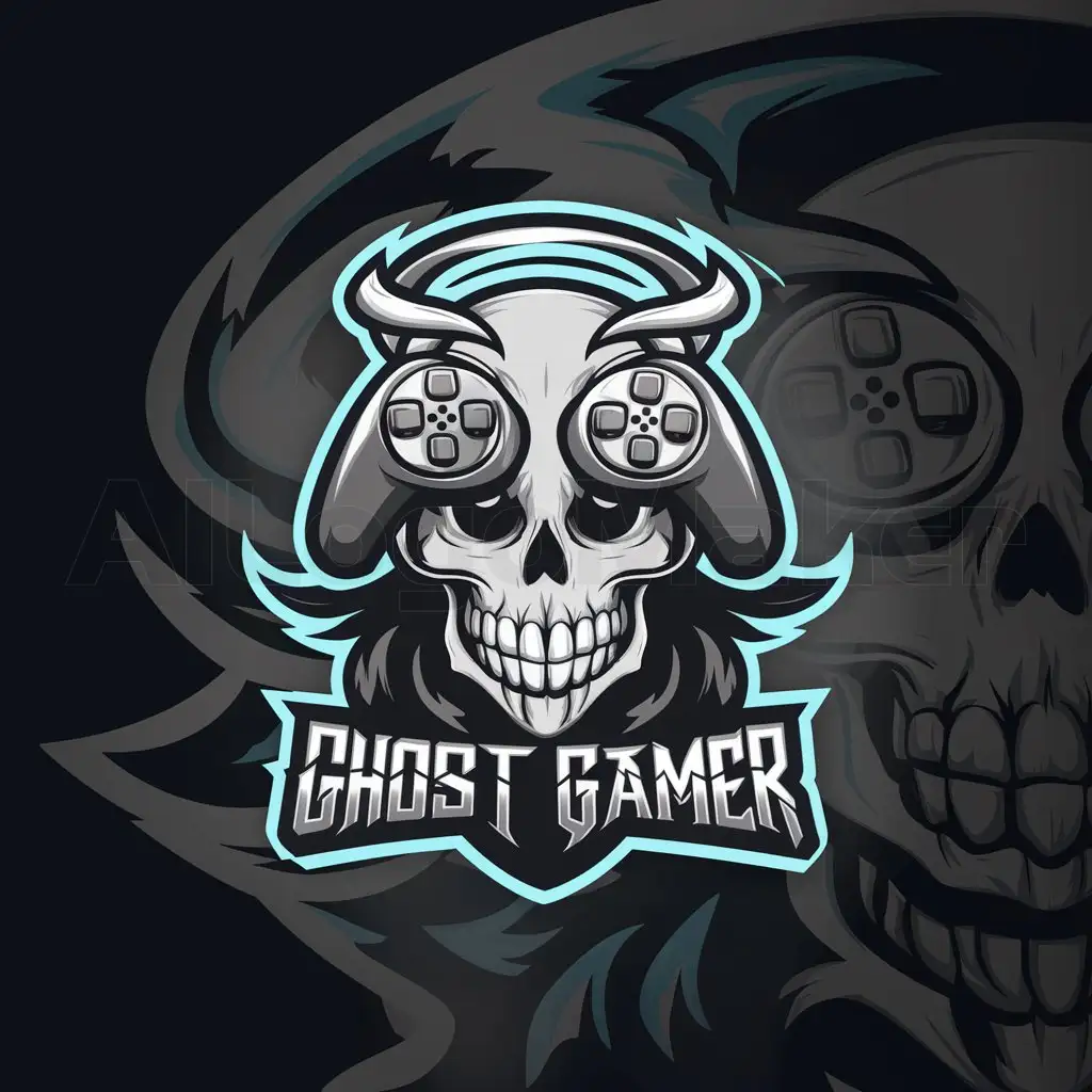a logo design,with the text "Ghost Gamer", main symbol:Skull and gamepads on dark background,complex,be used in Others industry,clear background