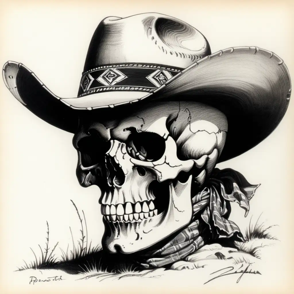 Skull wearing a cowboy hat and bandanna in Frank Frazetta's style pen and ink drawing