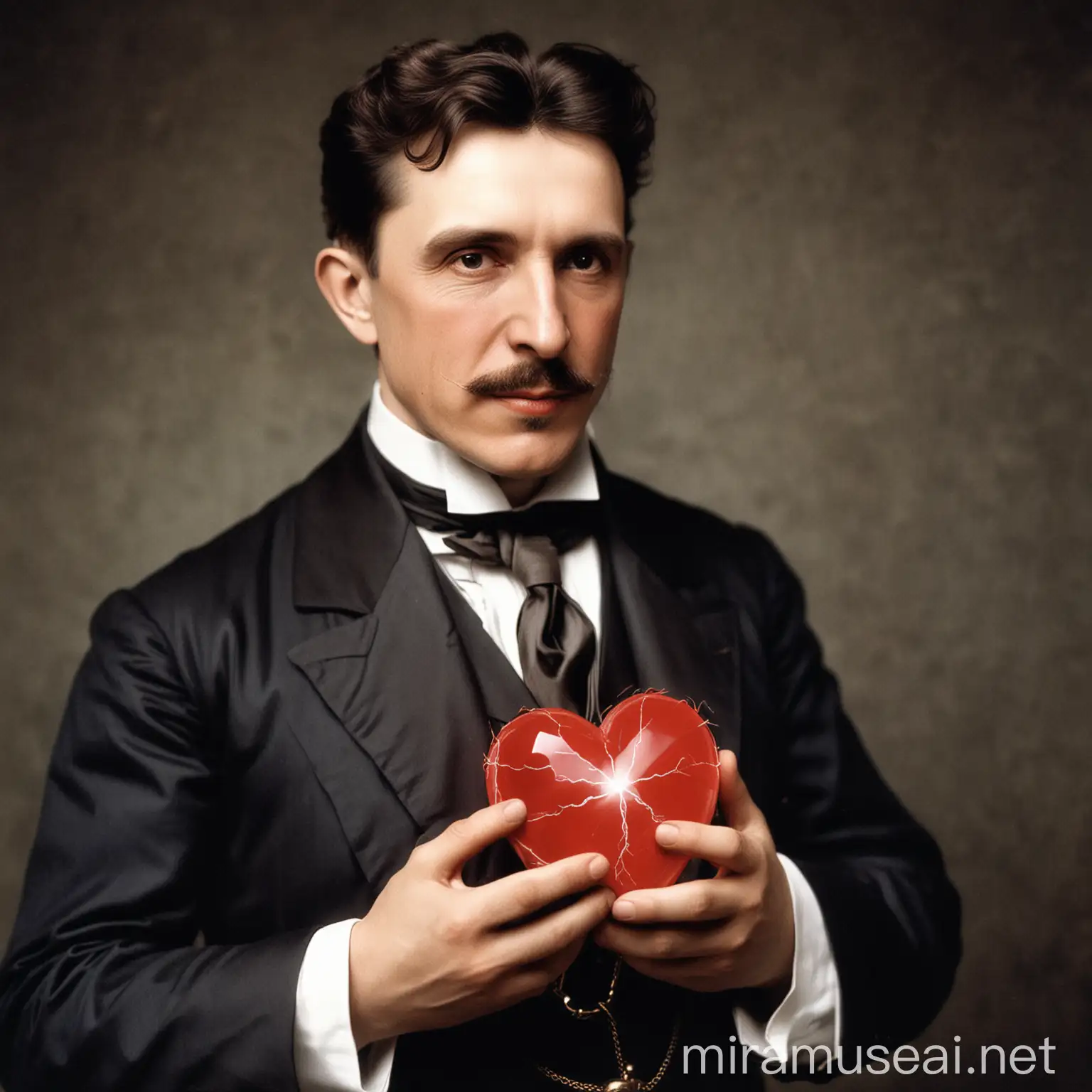Nicola Tesla Holding Heart Innovative Vision in Love and Technology
