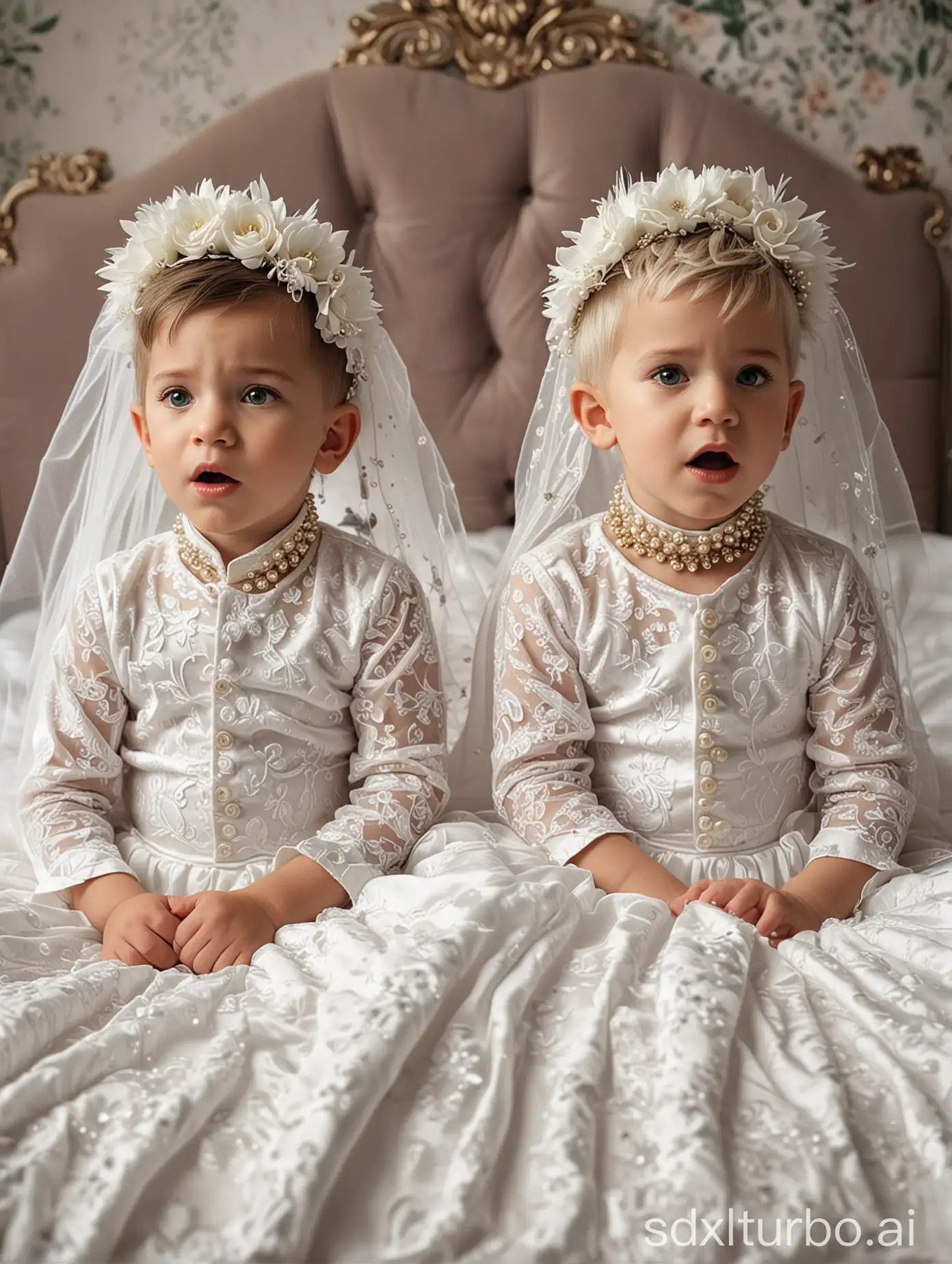 ((Gender role reversal)), 2 cute little boys are waking up in bed, they are tired and confused to find themselves wearing extravagant wedding dresses with flowery textures and veils, choker necklaces with spikes on, short smart hair, they are looking down at their clothes, energetic