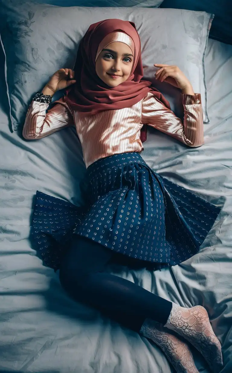 A girl, 12 years old, hijab, tight blouse, patterned school skirt, black opaque tights, white lace socks. beautiful. elegant, petite body. Lying on the bed.