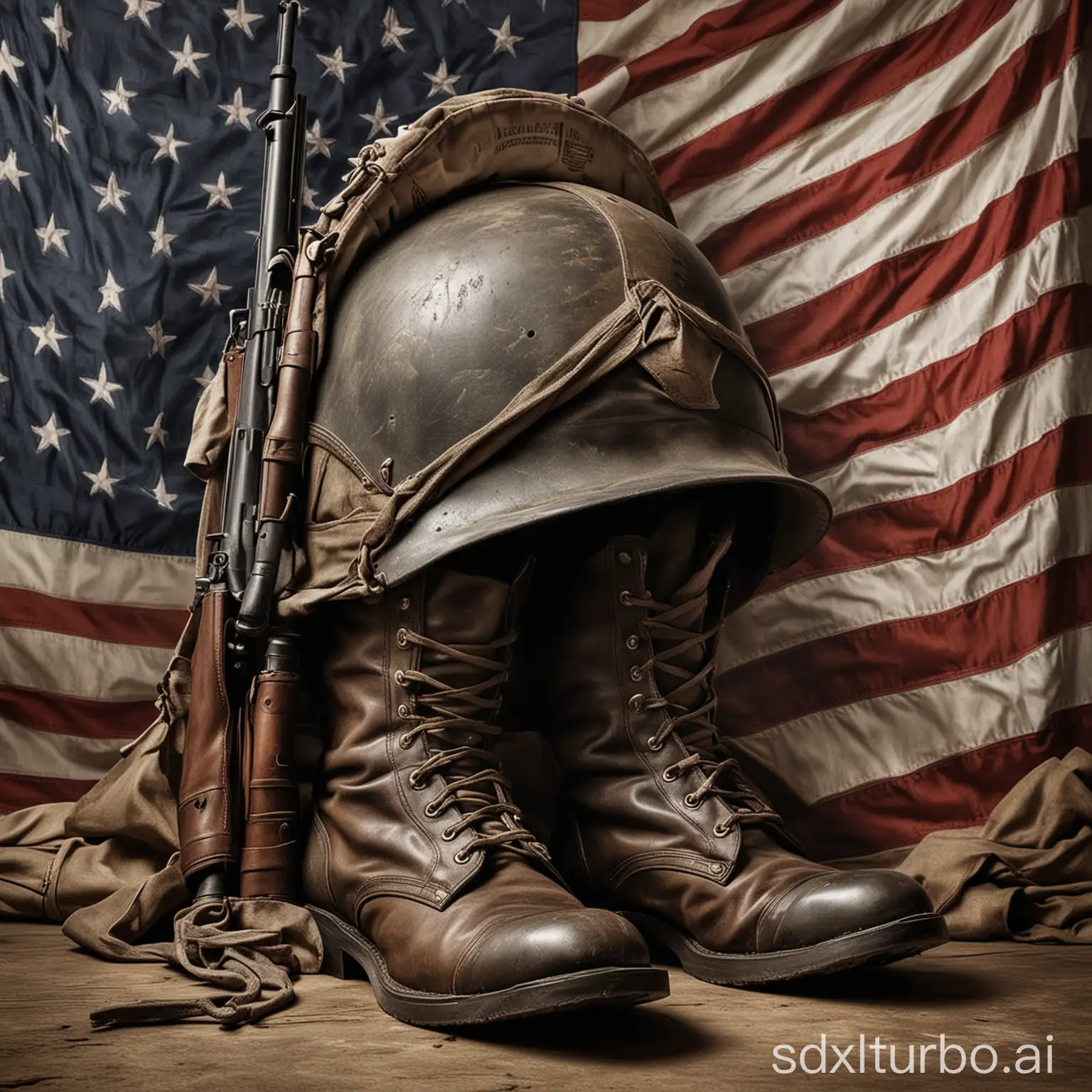 An illustration depicting a soldier's helmet, rifle, and boots arranged in a solemn tribute, with the American flag draped over them in a somber setting.