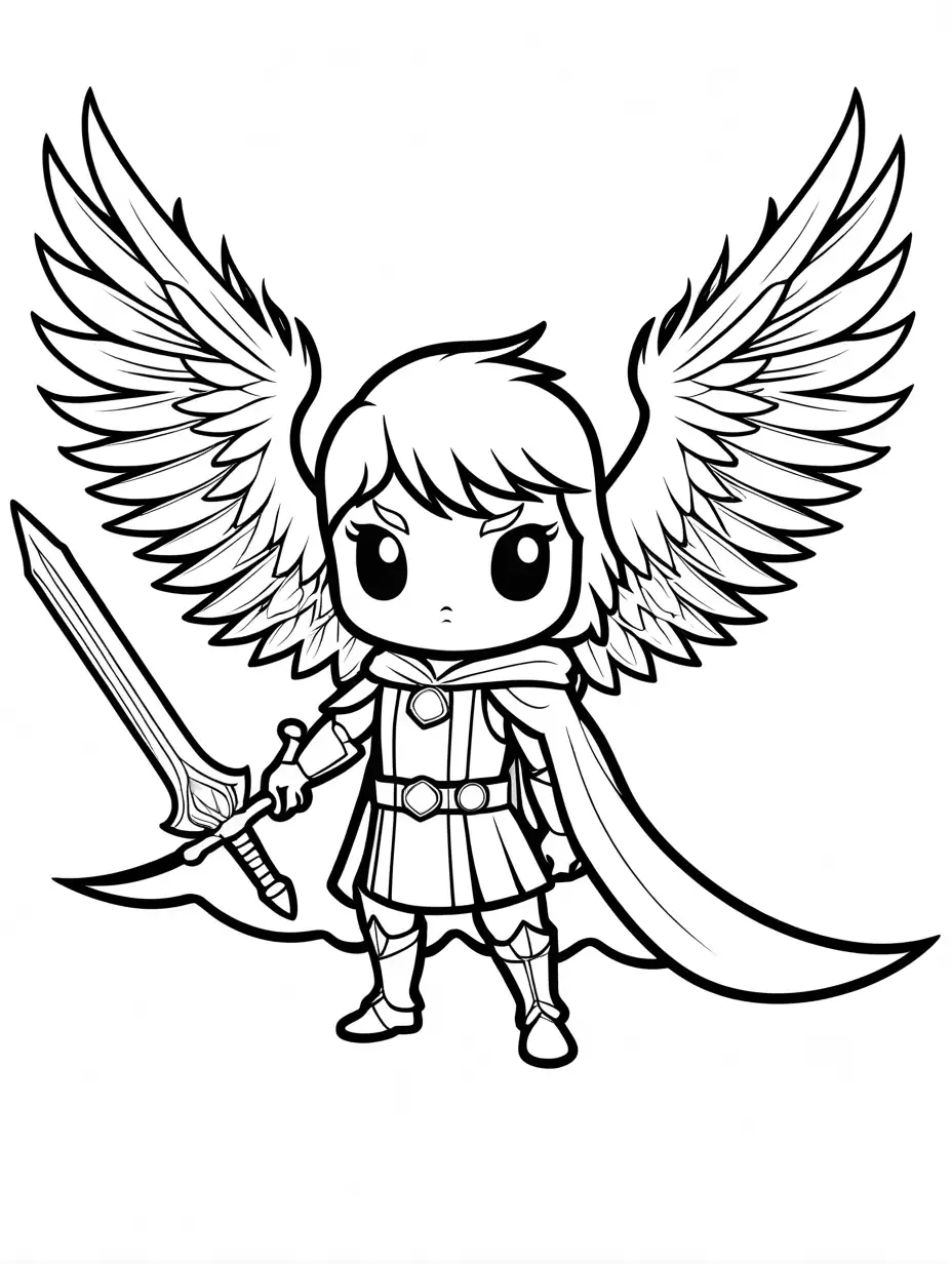 a chibi phoenix bird wearing a cape and a item belt with a crystal sword , Coloring Page, black and white, line art, white background, Simplicity, Ample White Space. The background of the coloring page is plain white to make it easy for young children to color within the lines. The outlines of all the subjects are easy to distinguish, making it simple for kids to color without too much difficulty