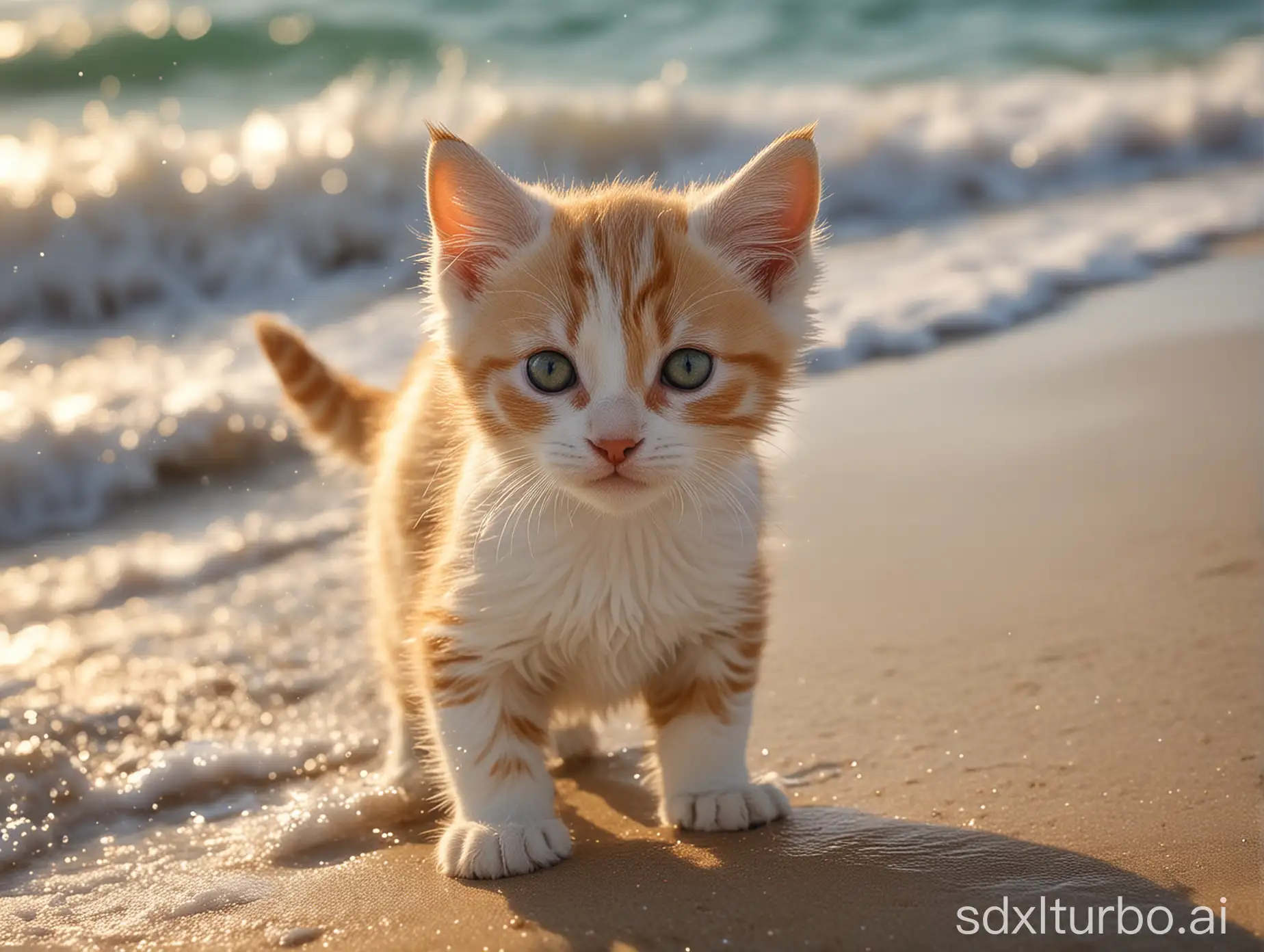 On the boundless seaside, the waves roll and the sea breeze blows. A brightly colored kitten stood on the beach, its agile eyes gazing at the sea. Suddenly, the kitten vigorously kicked its hind legs and jumped up lightly. Its small body curved in the air before landing steadily on the the beach. It jumps again, as if playing with the sea, with the sunlight shining on it, creating a vibrant scene.
