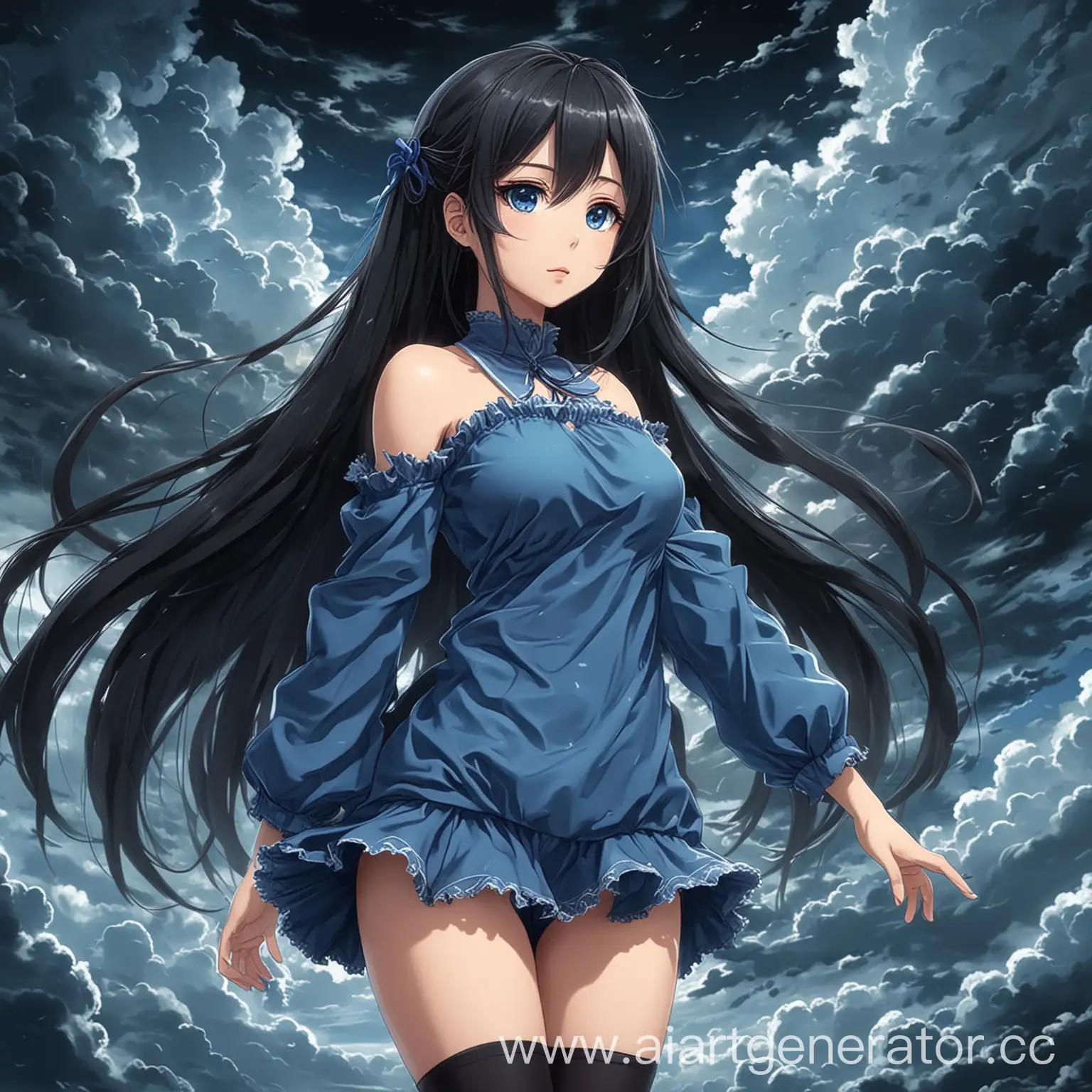 Аниме девушка,в сине-черных облаках с длинными волосами