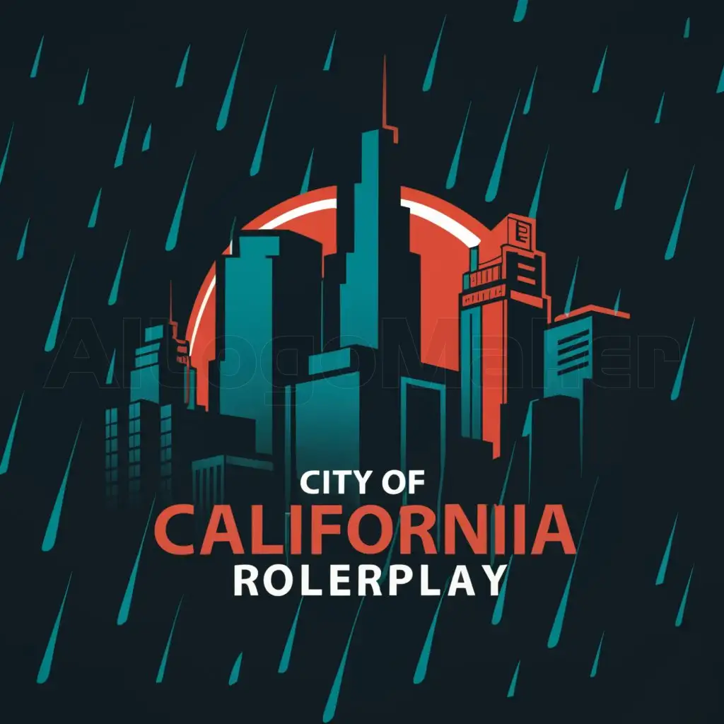 a logo design,with the text "City of California Roleplay", main symbol:Blue and red lights flashing off skyscrapers in the rain while the police are in an intense battle with criminals. While planes are flying through the sky.,Moderate,clear background
