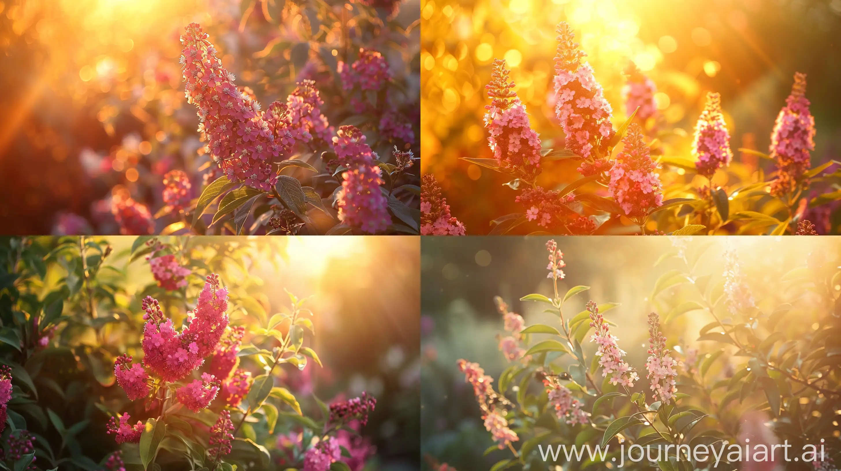 High detailed photo capturing a Buddleia, Chrysalis Cranberry. The sun, casting a warm, golden glow, bathes the scene in a serene ambiance, illuminating the intricate details of each element. The composition centers on a Buddleia, Chrysalis Cranberry. Abundant berry-pink flower clusters set pollinator hearts aflutter. Dwarf bushes beautify containers or landscaping, continuously flowering from spring through late summer. Butterflies love to visit the plenty of nectarous blooms. Plants tolerate rain or. The image evokes a sense of tranquility and natural beauty, inviting viewers to immerse themselves in the splendor of the landscape. --ar 16:9 