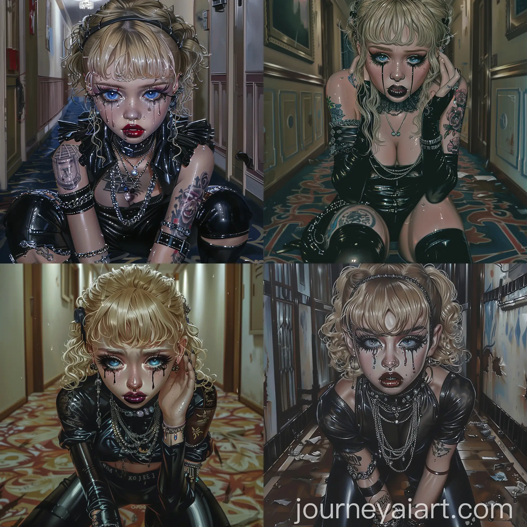 korean art style, 2D, semi realistic, goth girl, blue eyes, glossy skin, plum glossy lips, nicely done black eyeliner, well made black heavy make up, full long black lashes, 20 years old, blonde hair, curls, one side of hair behind ear, bangs, goth style, goth girl, shedding tears, sad expression, goth latex choker, different silver necklaces, well made japanese tattoos on neck and arms, well made goth blouse with designs and style, black latex pants, goth belt, different leather bracelets and silver bracelets, black glossy nail polish, kneeled down, in well made hotel corridor, haunted, abandoned, grotesque, spooky vibe