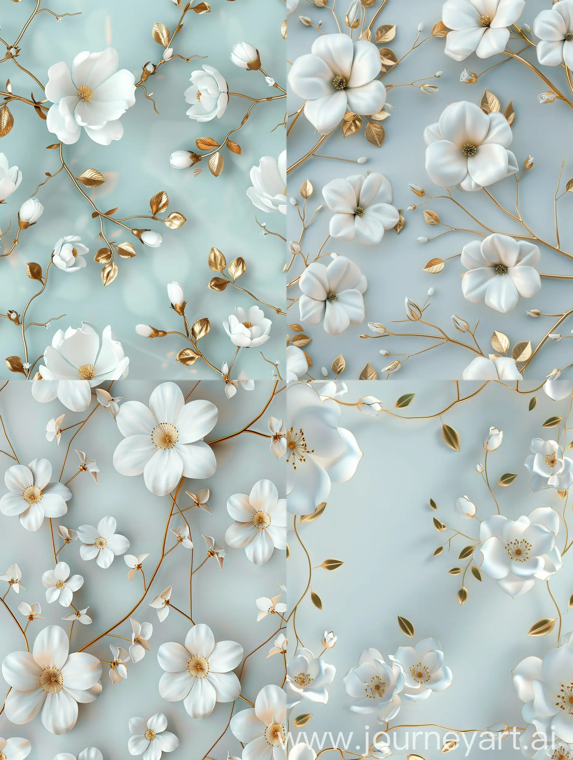  3d seamless pattern, elegant white flowers with golden branches and leaves, lovely pastel background in light blue color, minimalistic style, luxurious wall paper design, high resolution  