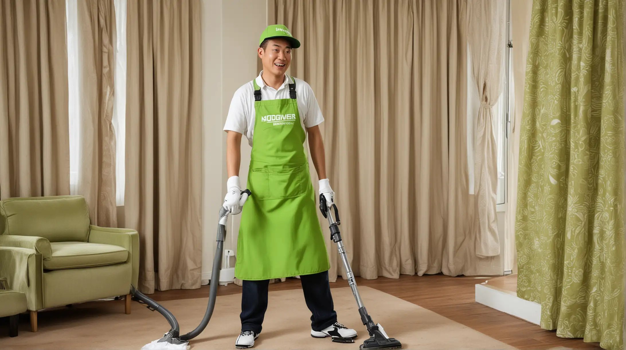 一位中国男家政，戴着棒球帽，戴着白色手套，拿着福维克吸尘器微笑着正在吸尘，穿着湖绿色围裙。背景是窗帘


