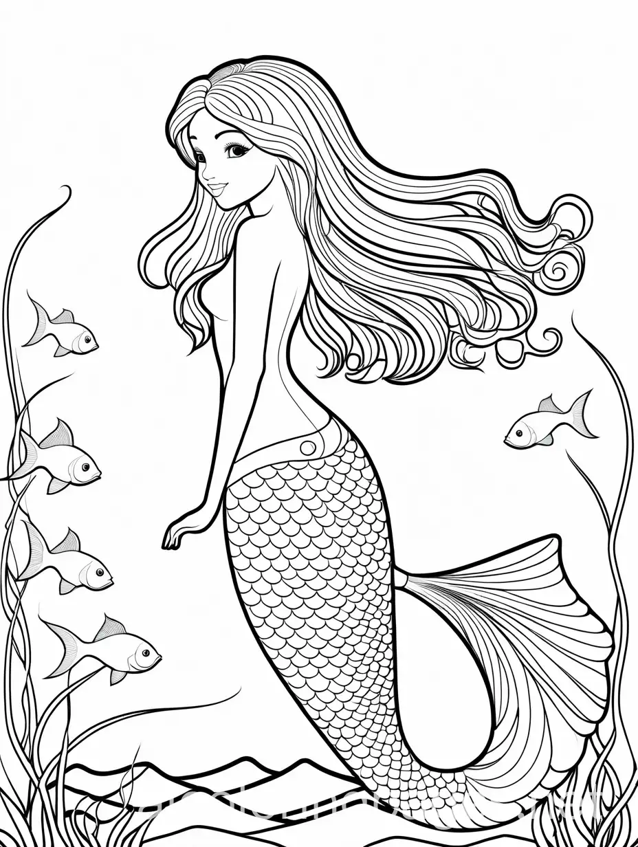 mermaid for kids age group 3 years, Coloring Page, black and white, line art, white background, Simplicity, Ample White Space. The background of the coloring page is plain white to make it easy for young children to color within the lines. The outlines of all the subjects are easy to distinguish, making it simple for kids to color without too much difficulty, Coloring Page, black and white, line art, white background, Simplicity, Ample White Space. The background of the coloring page is plain white to make it easy for young children to color within the lines. The outlines of all the subjects are easy to distinguish, making it simple for kids to color without too much difficulty