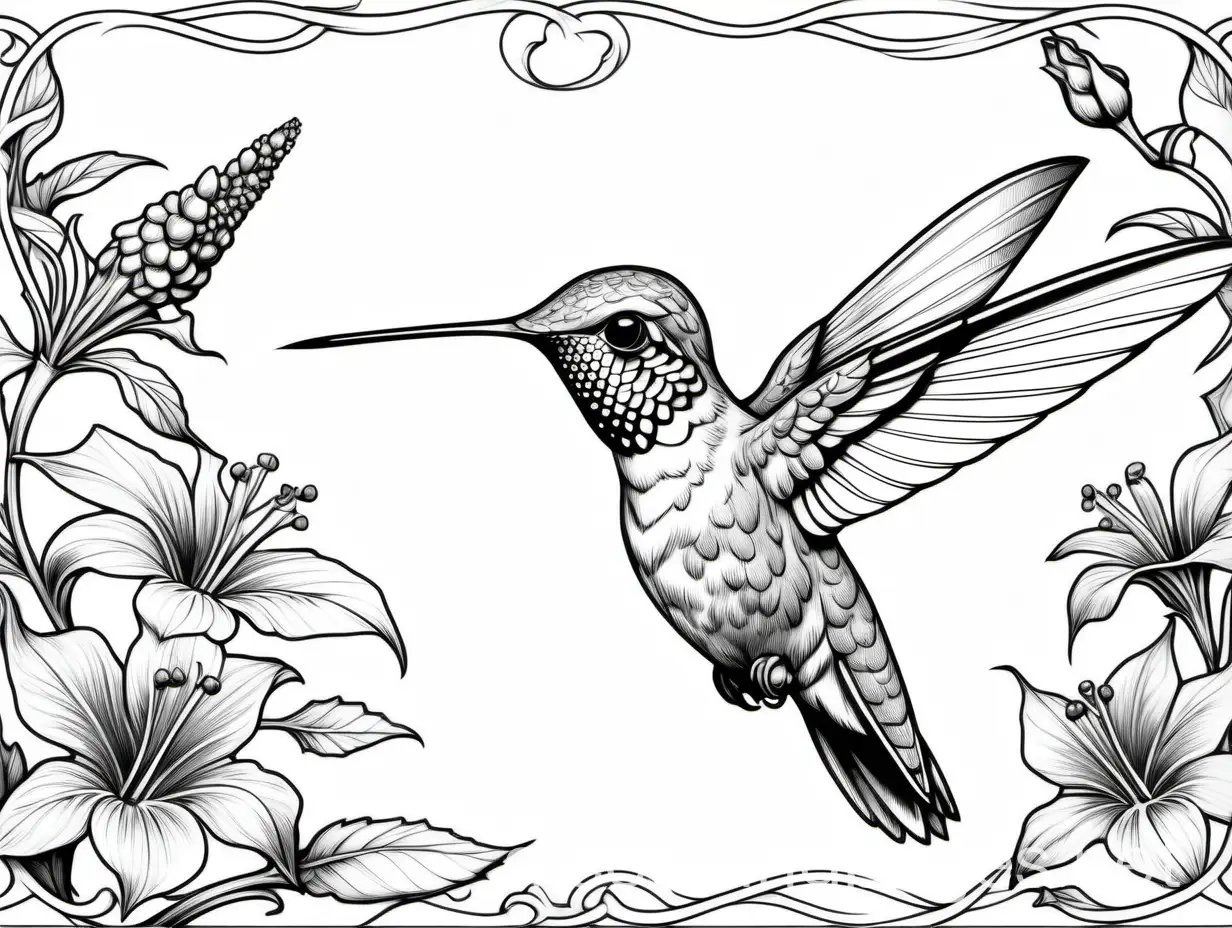 Graphic illustration, Anna's Hummingbird, fantasy, ethereal, beautiful, Art Nouveau, in the style of Brian Froud, Coloring Page, black and white, line art, white background, Simplicity, Ample White Space. The background of the coloring page is plain white to make it easy for young children to color within the lines. The outlines of all the subjects are easy to distinguish, making it simple for kids to color without too much difficulty
