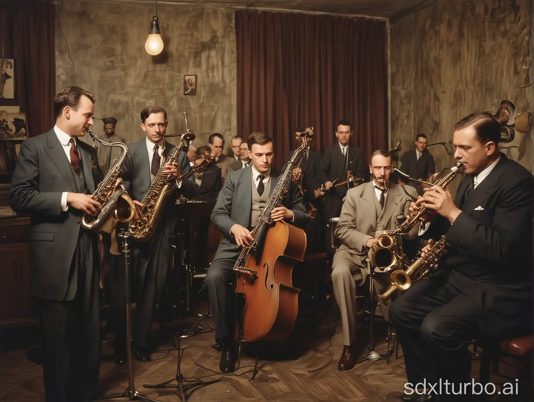 old color photo of German jazz musicians playing jazz in 1938 at Nazi jazz club in Babylon Berlin