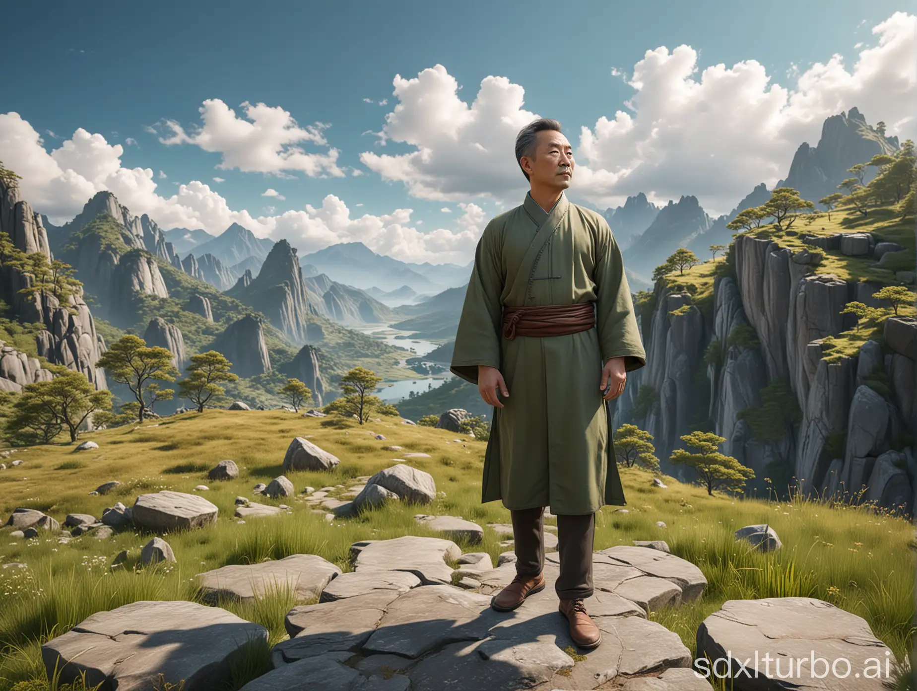In view, looking down, a middle-aged man, full body, high-quality skin, delicate face, mature, Chinese-style clothing, first-person perspective, standing, on the mountain, moss stone platform, natural light, daytime, sky, white clouds, sun, green grass, trees, lakes, 3D, VR rendering, oriental style, scenery, masterpiece, best picture quality, 8K picture quality, ultra-high resolution, cinematic atmosphere, surreal, aesthetics.