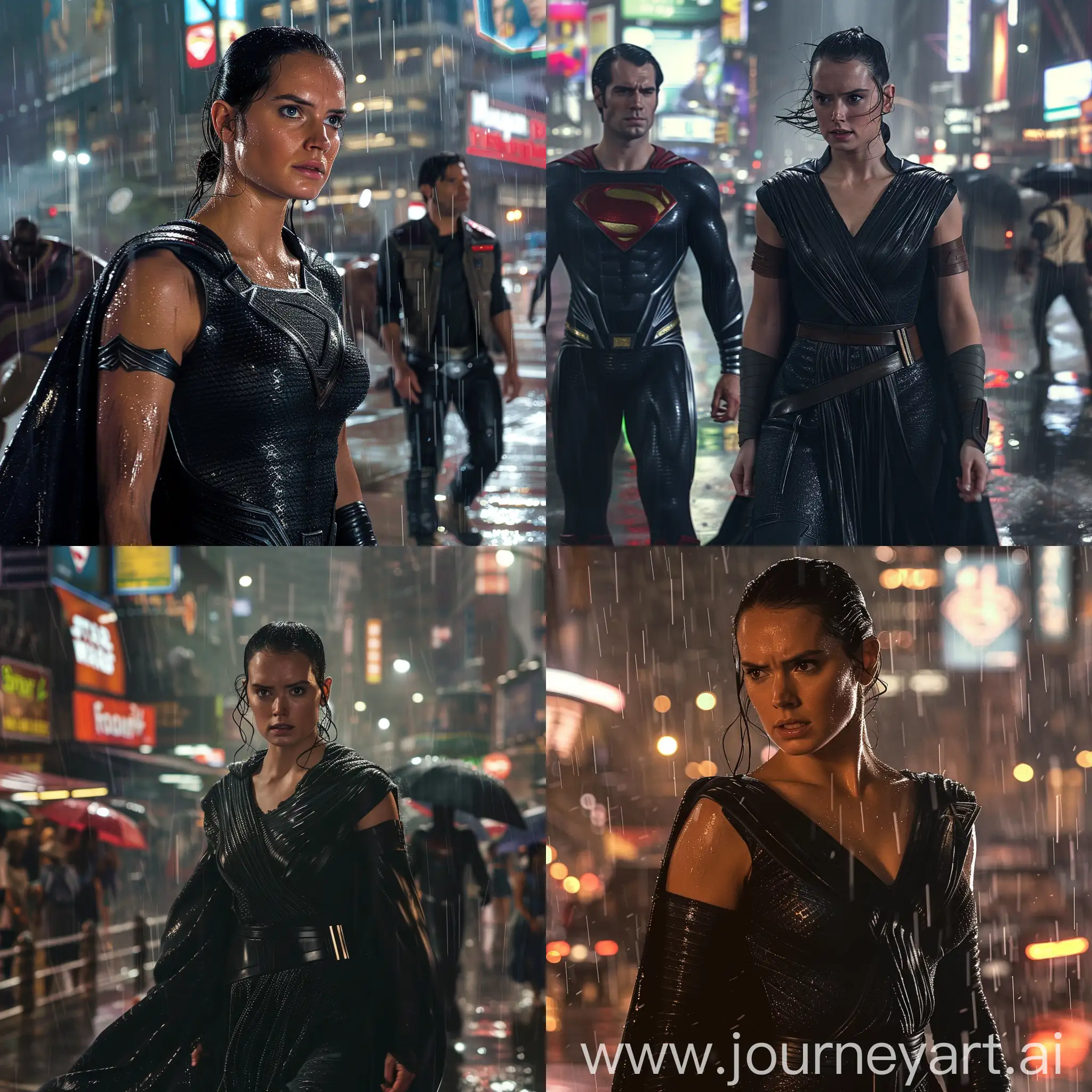 Rey Skywalker in black kryptonian costume of Faora in Man of steel Movie in rain city Tonight in action in cyberpunk city  With Superman Henry Cavill --v 6 --ar 1:1 --no 99937