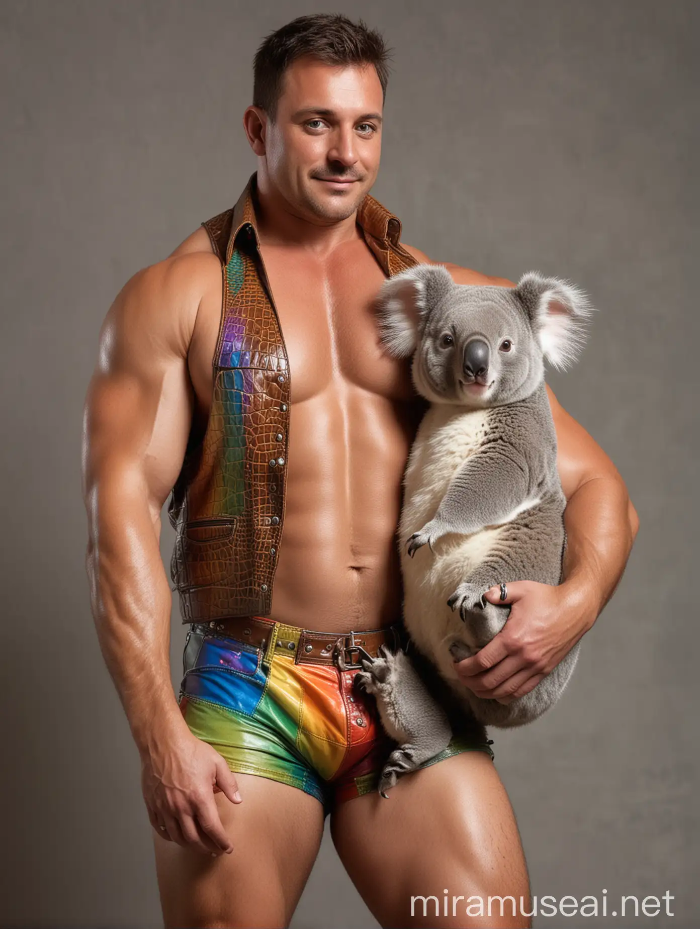 Muscular Man in Crocodile Skin Vest Holding Koala