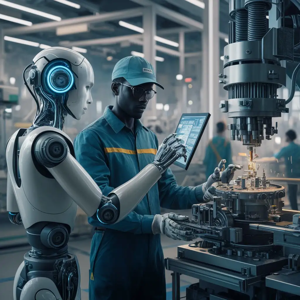 Connected System Process Evaluation, An AI Robot is watching a manufacturing process with a human worker standing beside him