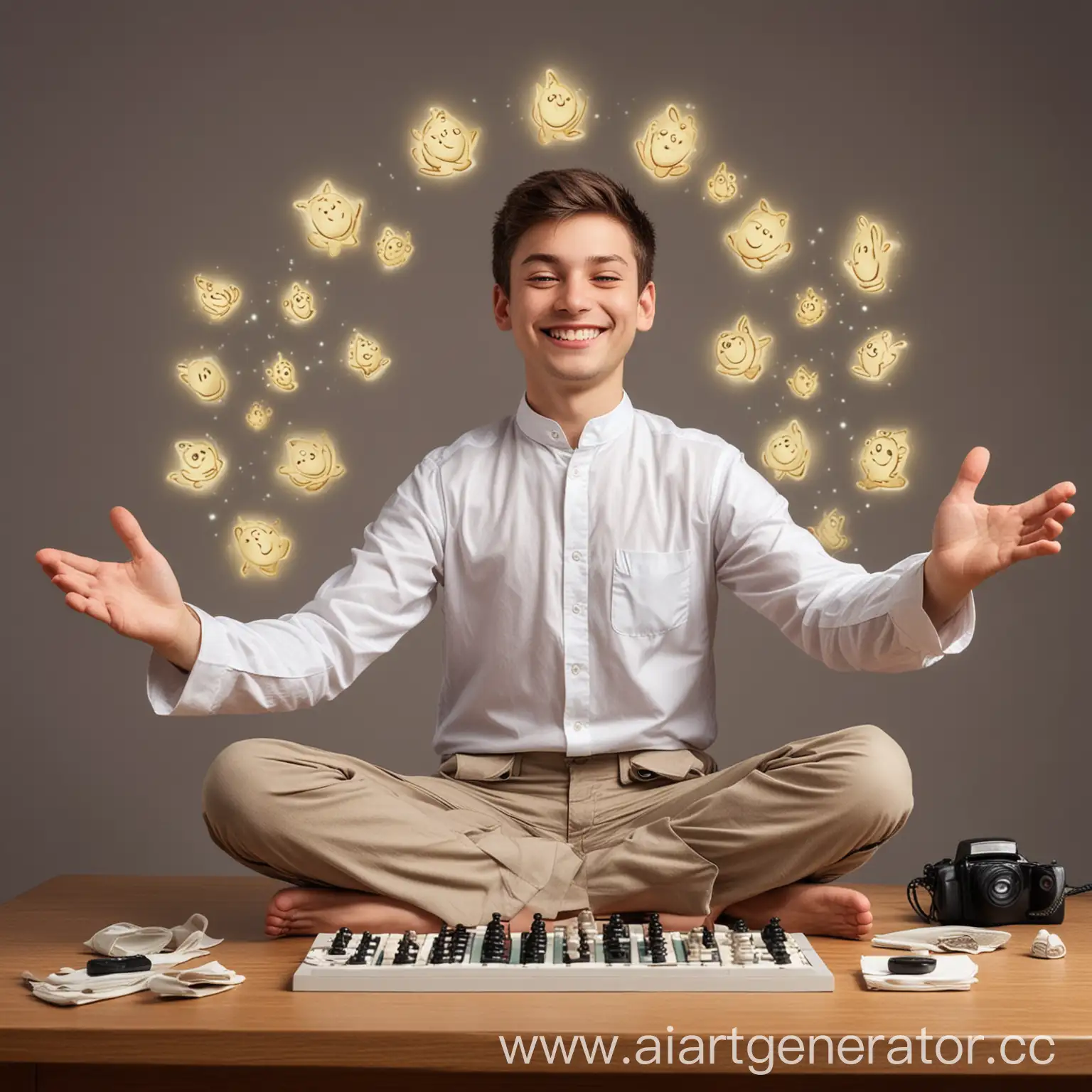 This young technocrat has solved all his problems. He is happy and relaxed. He hovers in a lotus position above the table. Everything is systematized around. He has a smile on his face. The eyes are closed. There are five fingers on each hand and foot.