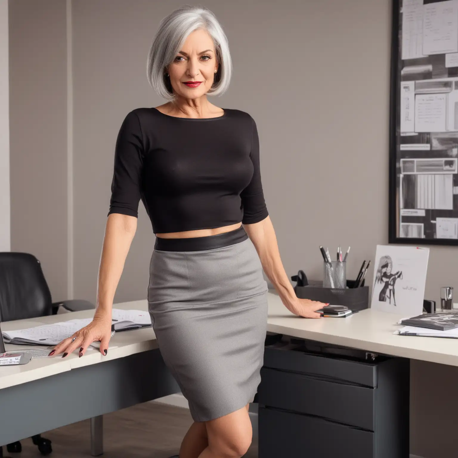  a slim beautiful 60-year old woman with grey hair in a bob and big breasts and hard nipples  and wearing a skintight pencil skirt and Louboutin stilettos leaning on an office desk