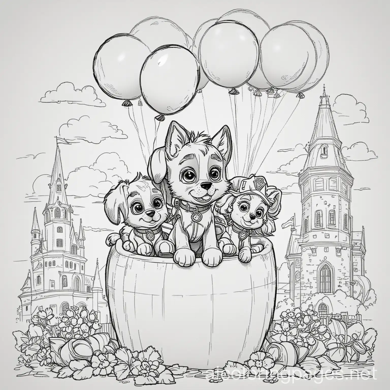Coloring Page Outline: Kids and Bean Bags:  Two kids sitting on bean bags. One child holding a large vase with flowers. Paw Patrol Characters:  A police dog (similar to Chase). A firefighter dog (similar to Marshall). A pilot dog (similar to Skye). The dogs are playfully interacting with the kids. Background:  Kaunas Castle. The Town Hall of Kaunas. Additional Elements:  Balloons floating above the kids and dogs, adding a festive atmosphere., Coloring Page, black and white, line art, white background, Simplicity, Ample White Space. The background of the coloring page is plain white to make it easy for young children to color within the lines. The outlines of all the subjects are easy to distinguish, making it simple for kids to color without too much difficulty