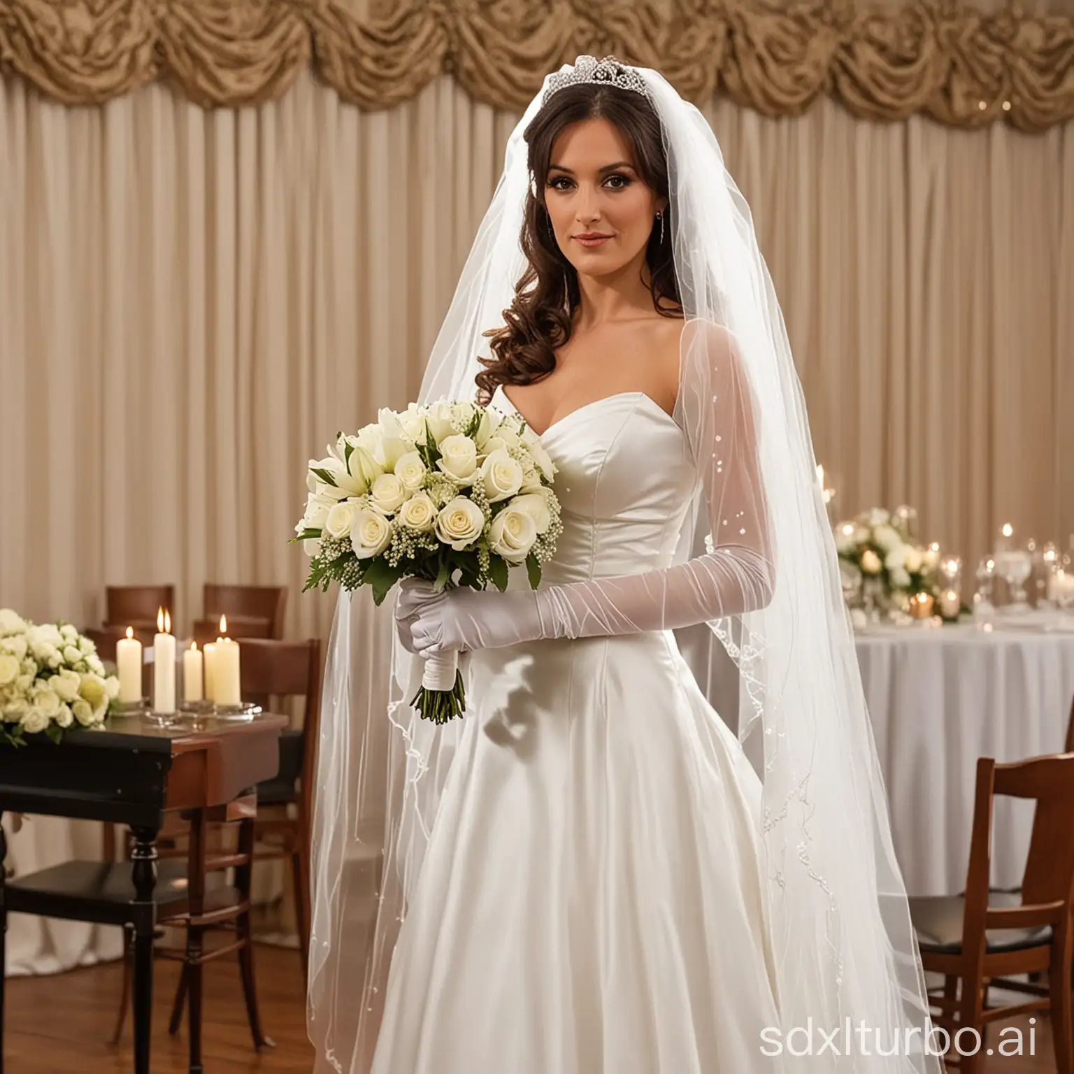 Bride in veil and white glove presents full audience program of brides in veil and white glove and bouquet of flowers and female band dressed as bride in veil and white glove