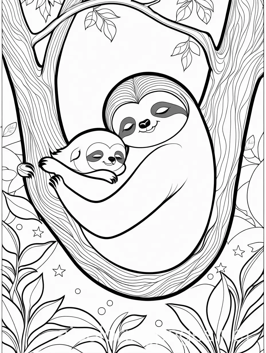 cute sloth sleeping on the tree dreaming about donut, coloring page, simplicity, line art, black and white white background. Make it easy for young children to color within the lines. The outlines of all the subjects are easy to distinguish, making it simple for kids to color without too much difficult., Coloring Page, black and white, line art, white background, Simplicity, Ample White Space. The background of the coloring page is plain white to make it easy for young children to color within the lines. The outlines of all the subjects are easy to distinguish, making it simple for kids to color without too much difficulty