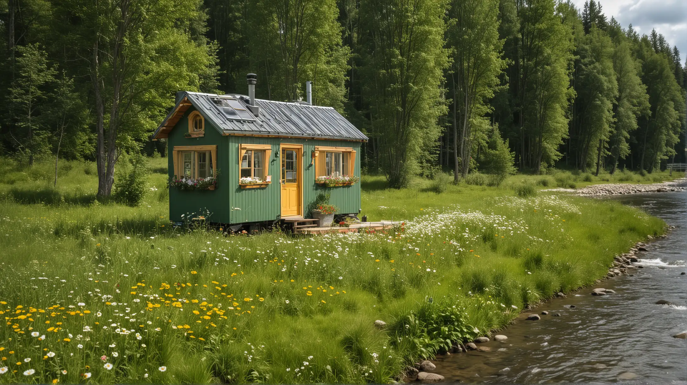 Auf einer Blumenwiese steht ein grünes Tiny House. Daneben fließt ein Fluß. 