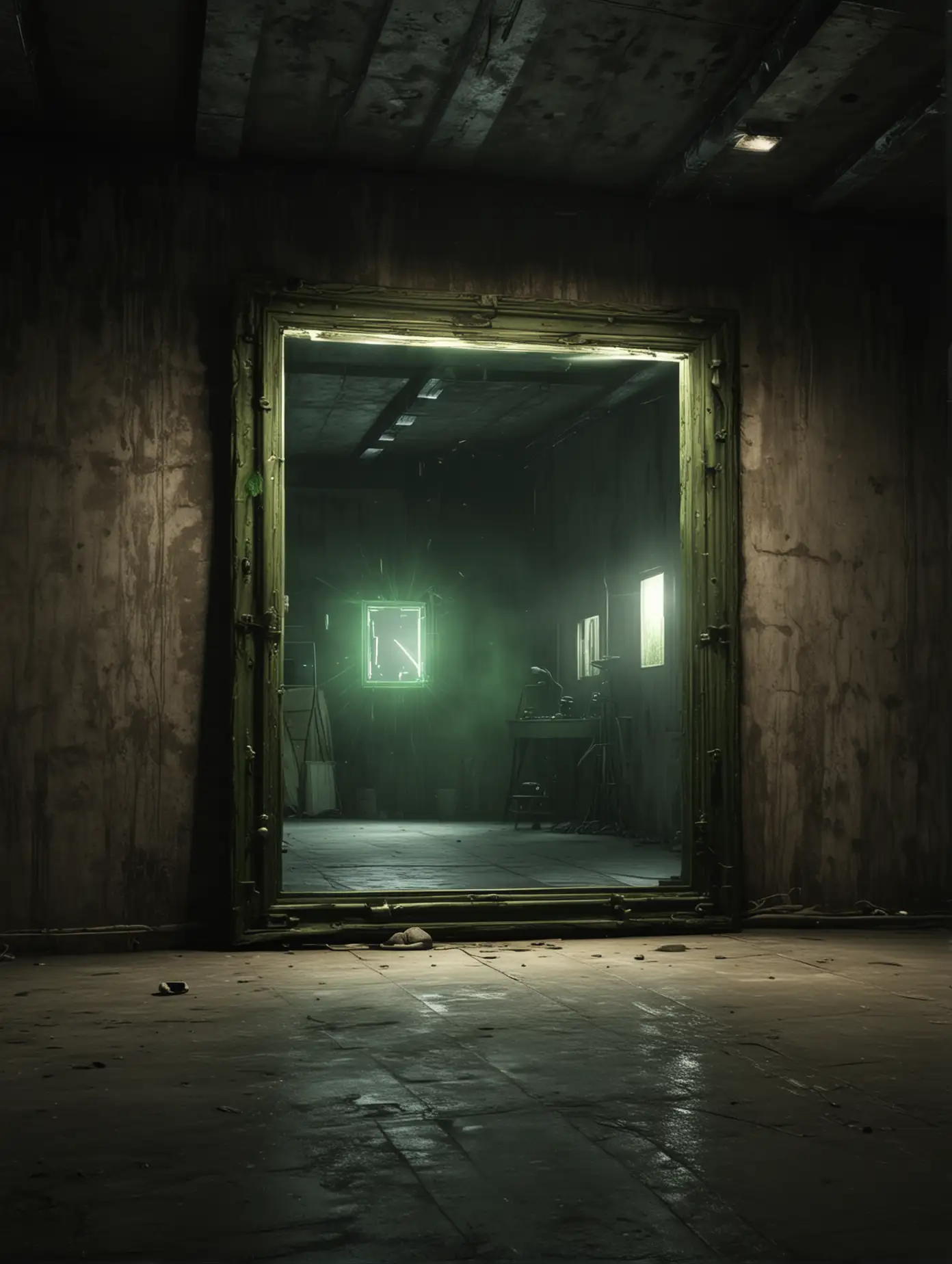 dark warhouse, large mirror in the centre, dark light, ultra realistic, green laser bouncing off the mirror, --style raw --ar 3:4 --s 350 --v 6. 0 