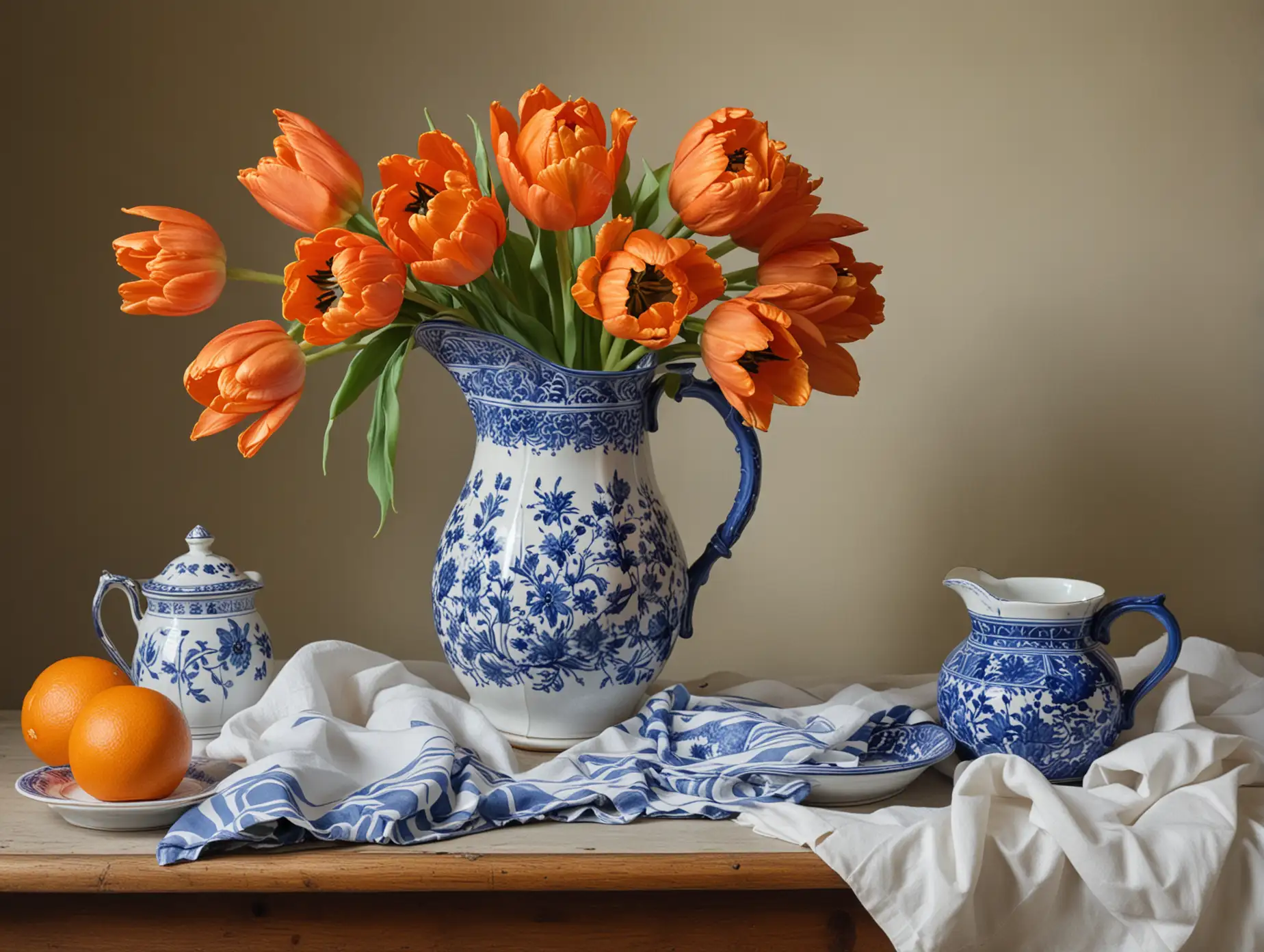 A STILL LIFE PAINTING, WITH A BLUE AND WHITE CHINA PITCHER ON A TABLE, WITH A CLOTH AND ORANGES ON THE TABLE  WITH ORANGE TULIPS IN THE PITCHER