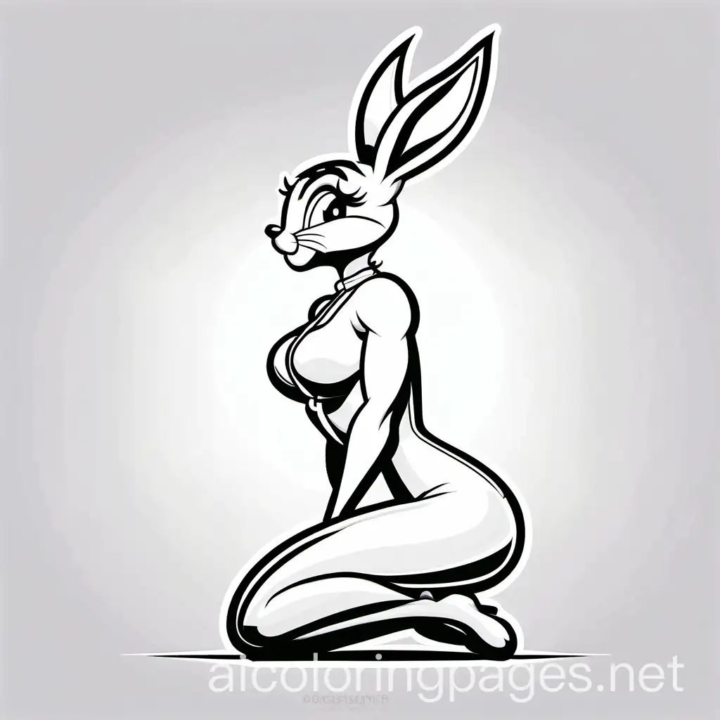 sexy lola bunny on her knees in profile, Coloring Page, black and white, line art, white background, Simplicity, Ample White Space. The background of the coloring page is plain white to make it easy for young children to color within the lines. The outlines of all the subjects are easy to distinguish, making it simple for kids to color without too much difficulty