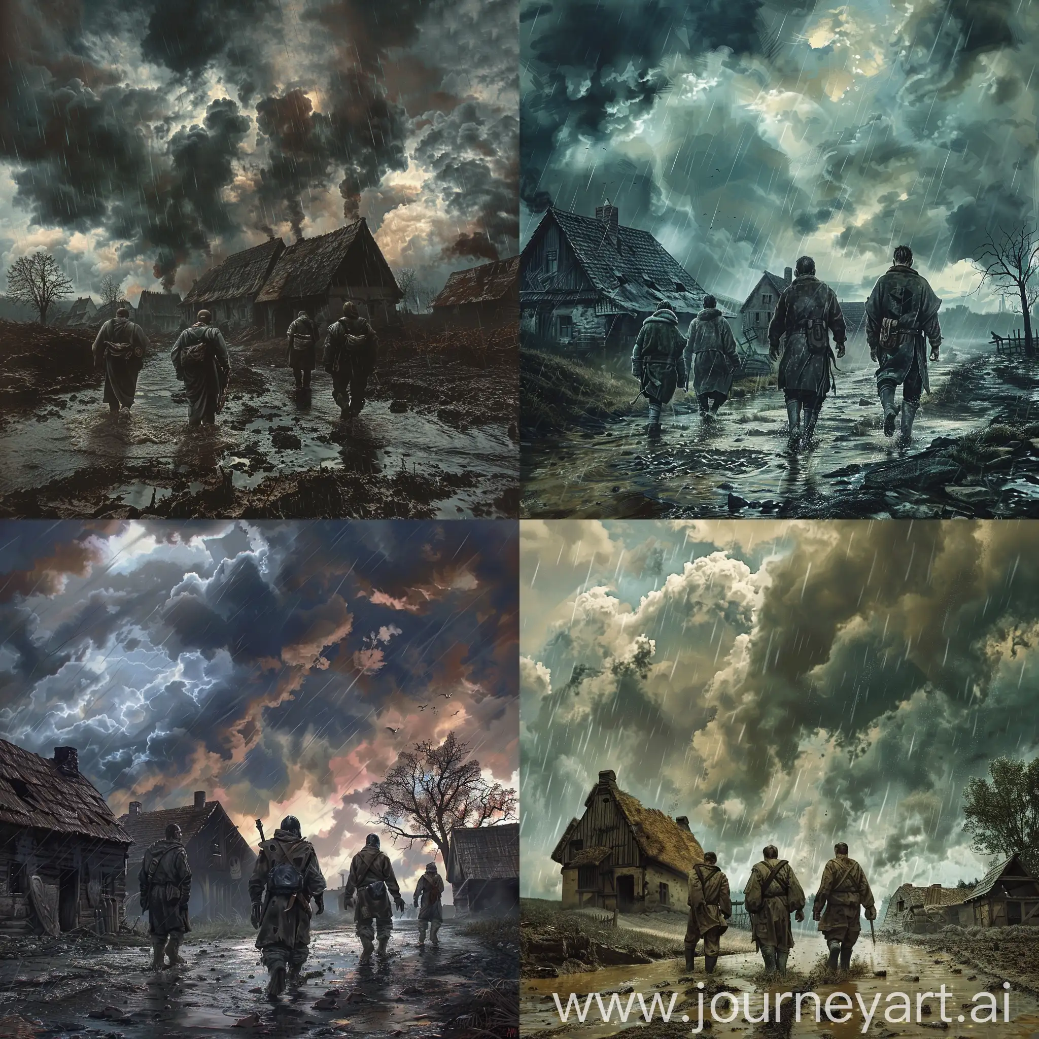 Imagine a haunting scene set in a desolate, impoverished Germanic village. The sky above is thick with storm clouds, unleashing a relentless downpour upon the rugged landscape. In the foreground, three weary men trudge through the muddy streets, their clothing tattered and soaked from the relentless rain. Each man carries the weight of survival on his shoulders, their faces etched with exhaustion and determination. Despite their hardships, there is a glimmer of hope in their eyes as they approach the humble dwellings of the village, seeking refuge and perhaps a chance at redemption. Capture the raw emotion and stark contrast between the resilience of the human spirit and the unforgiving forces of nature in this poignant moment. Retro Fantasy Art Style