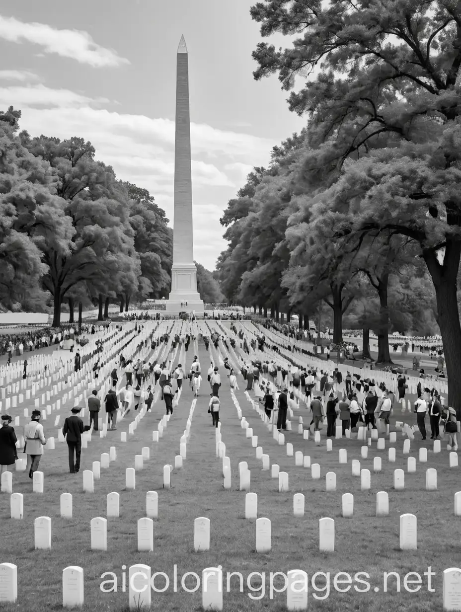 A contemporary scene depicting a modern Memorial Day observance, with people visiting gravesites, participating in parades, or engaging in other solemn commemorations to honor those who have died in service of the United States. , Coloring Page, black and white, line art, white background, Simplicity, Ample White Space. The background of the coloring page is plain white to make it easy for young children to color within the lines. The outlines of all the subjects are easy to distinguish, making it simple for kids to color without too much difficulty