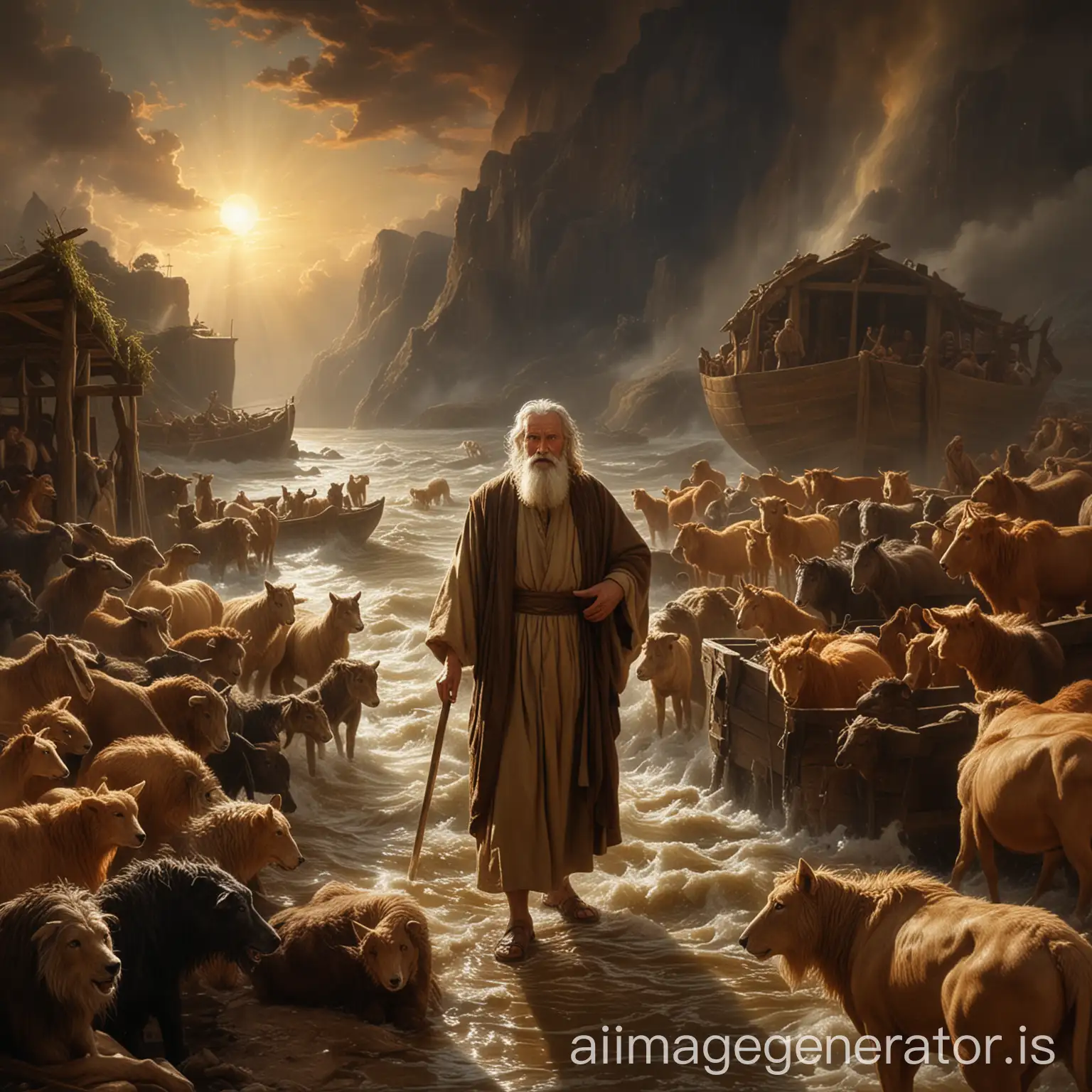 Create an oil painting that portrays the biblical moment before the flood of Noah letting the animals board the ark in pairs. The scene unfolds in a dramatic and awe-inspiring landscape. Noah, a venerable figure with a flowing beard and robes, stands prominently at the center, his face glowing with a radiant light indicating his divine encounter. Noah holds firmly a wooden staff in his hands. The color palette is rich with earthy tones of the mountain and vibrant lights to highlight the supernatural aspect of this event.
