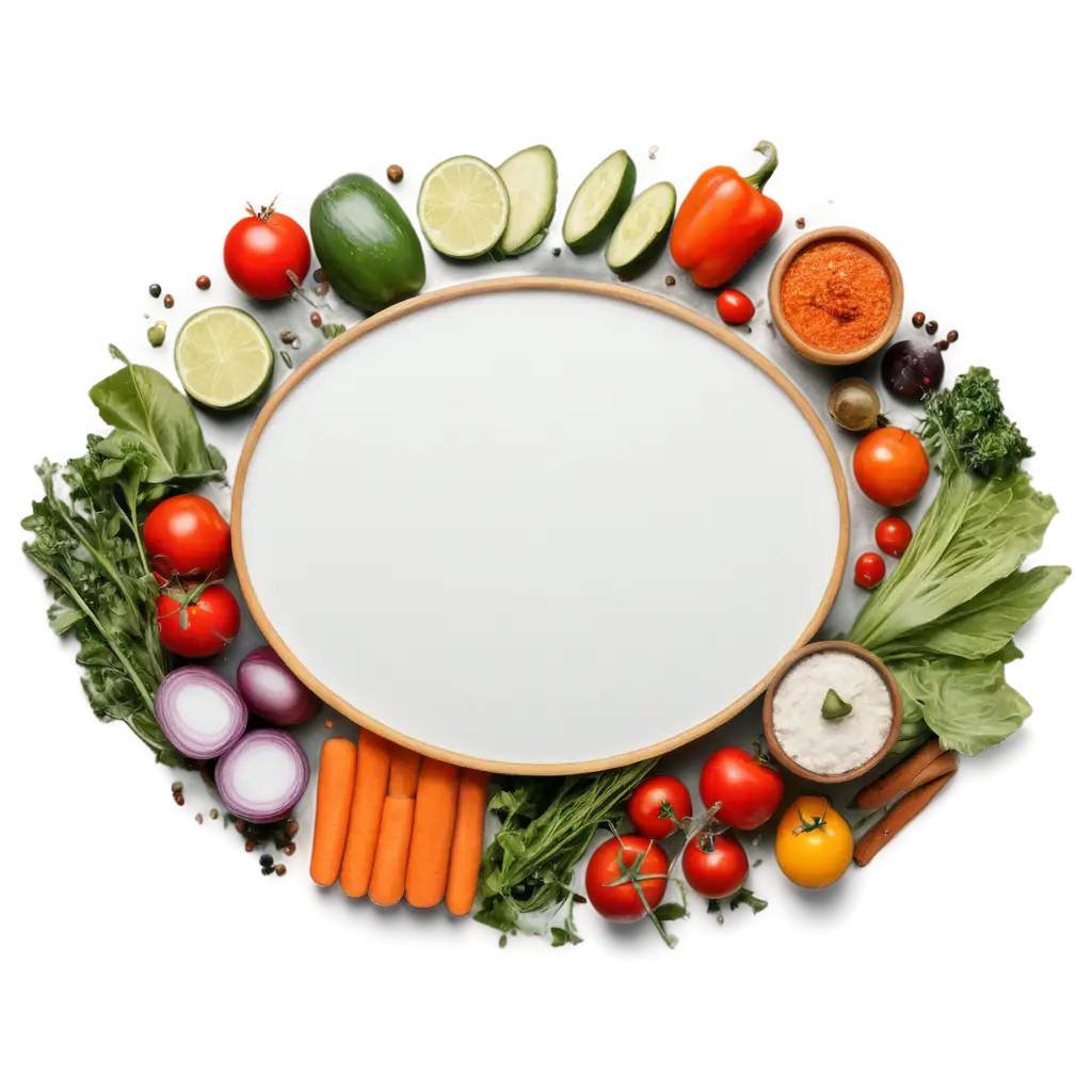 create a white background, a white oval in the center, vegetables and spices in a circle