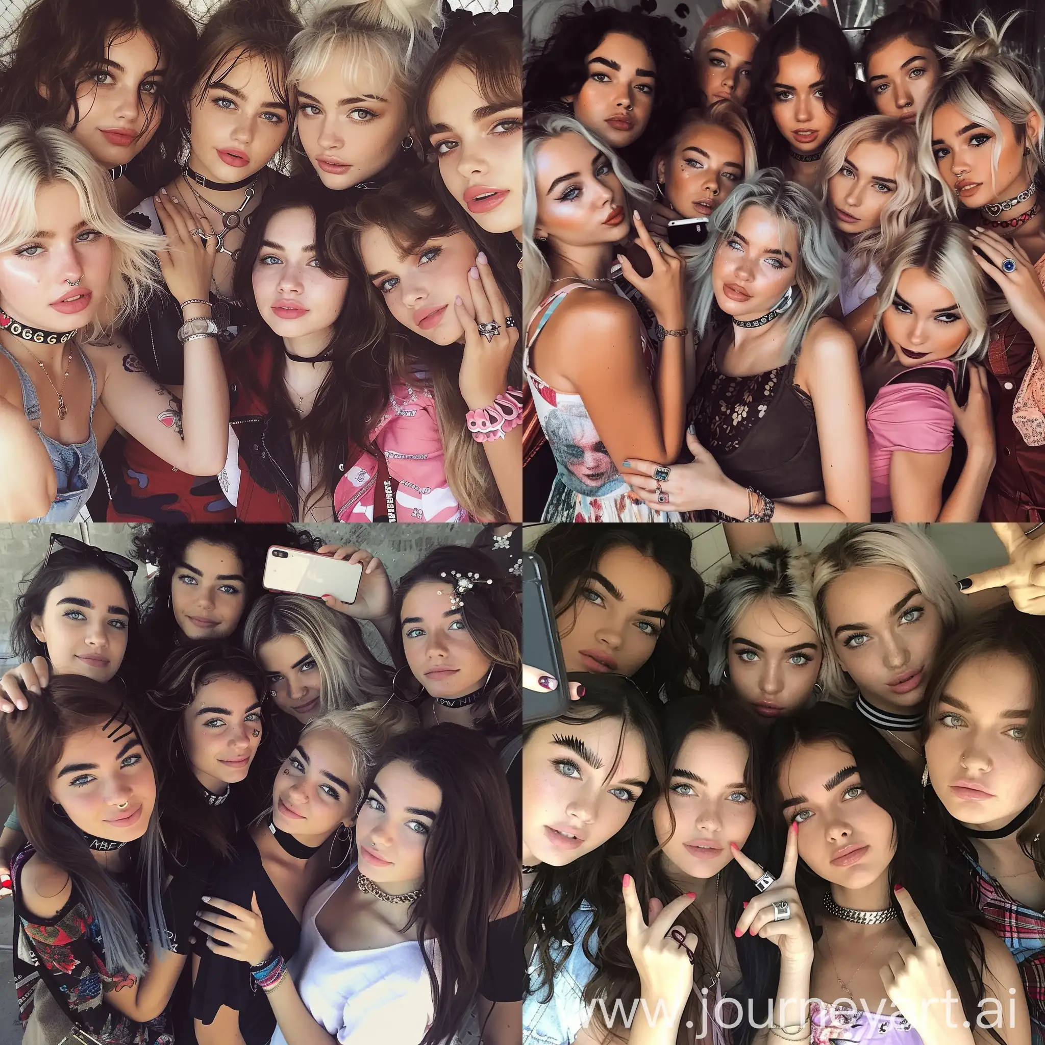Instagram photo: Group of 18 year old girls taking a selfie together, holding each other, bushy eyebrows, gorgeous, super models, trendy clothes, some wearing chokers, nails done-- v6 --