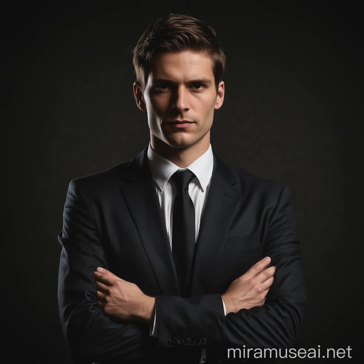 Confident Explainer Man in Suit with Crossed Arms