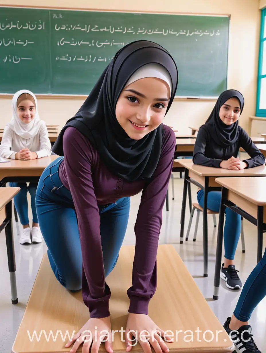 A girl, 14 years old, hijab, tight blouse, skinny jeans, sport shoes, in clasroom, petite, six feet under, high quality, masterpiece, detailed, 4k sharp, low light, close up, bending over to forward, put hands to forward, smile, pov, 
