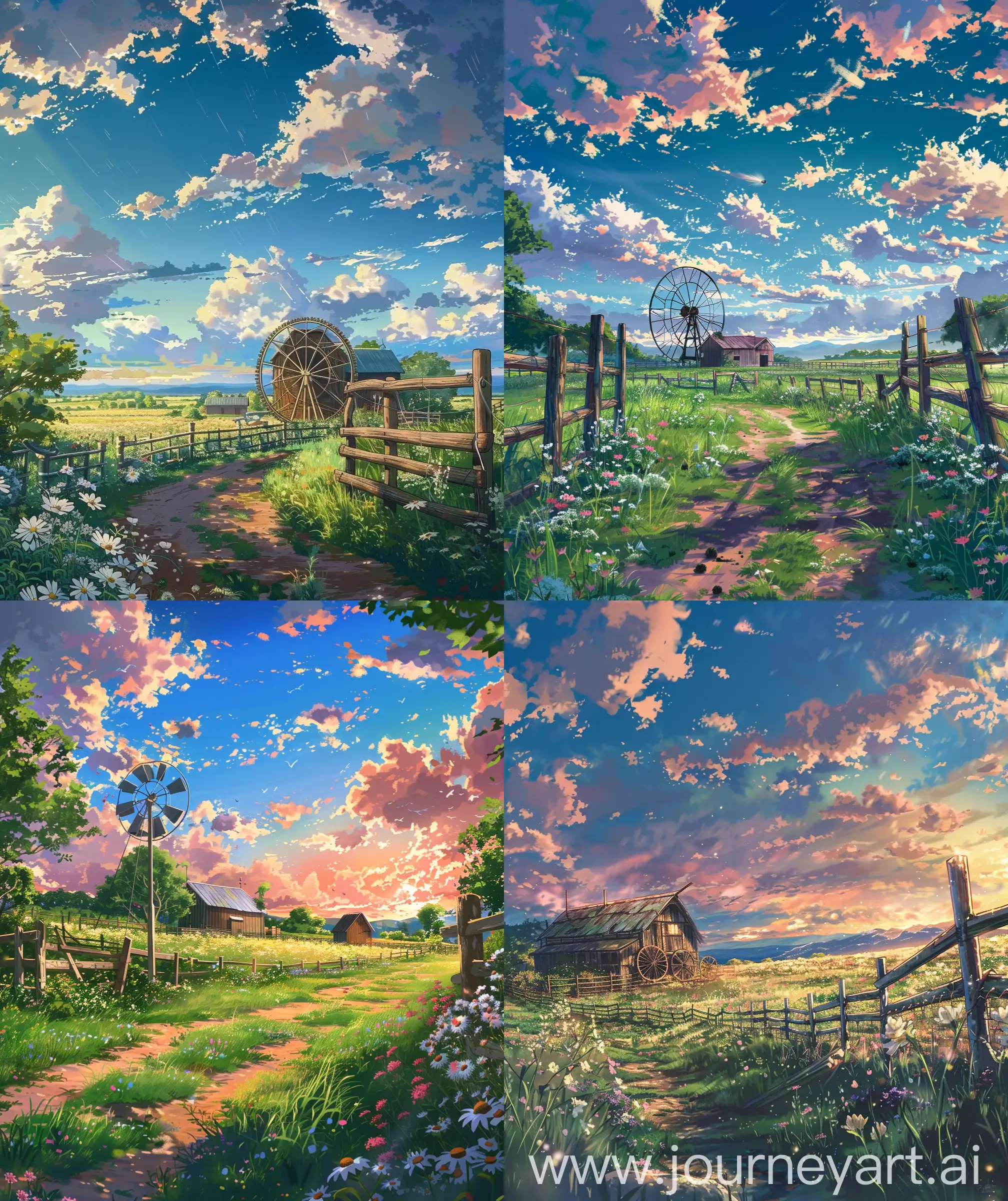 Beautiful anime scenary, illustration, mokoto shinkai and Ghibli style, direct front facade view of farm land,wind wheel, beautiful sky, fence, grass, flowers ,anime scenary, --ar 27:32 